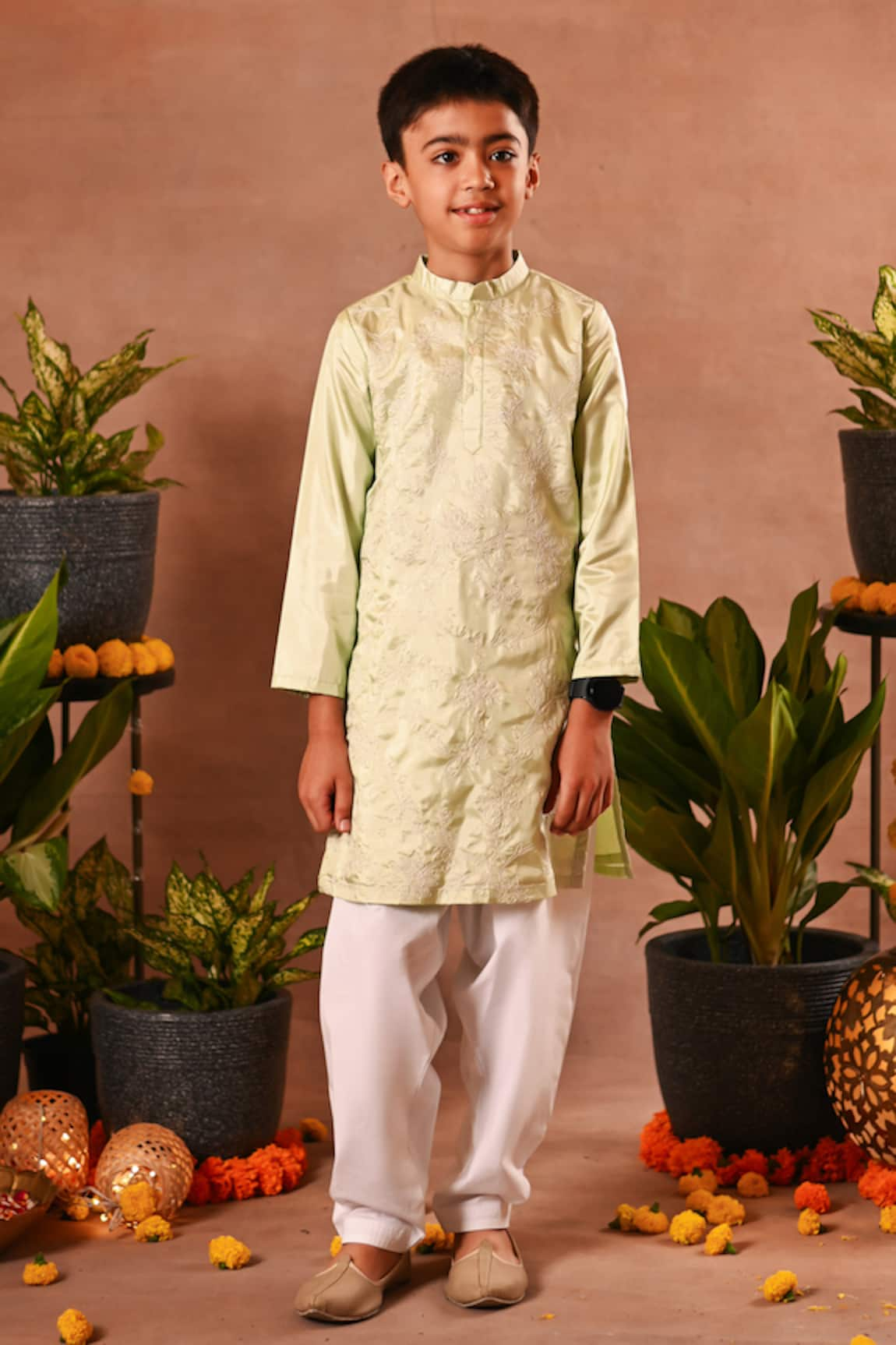 Mini Trails Embroidered Kurta & White Pant Set