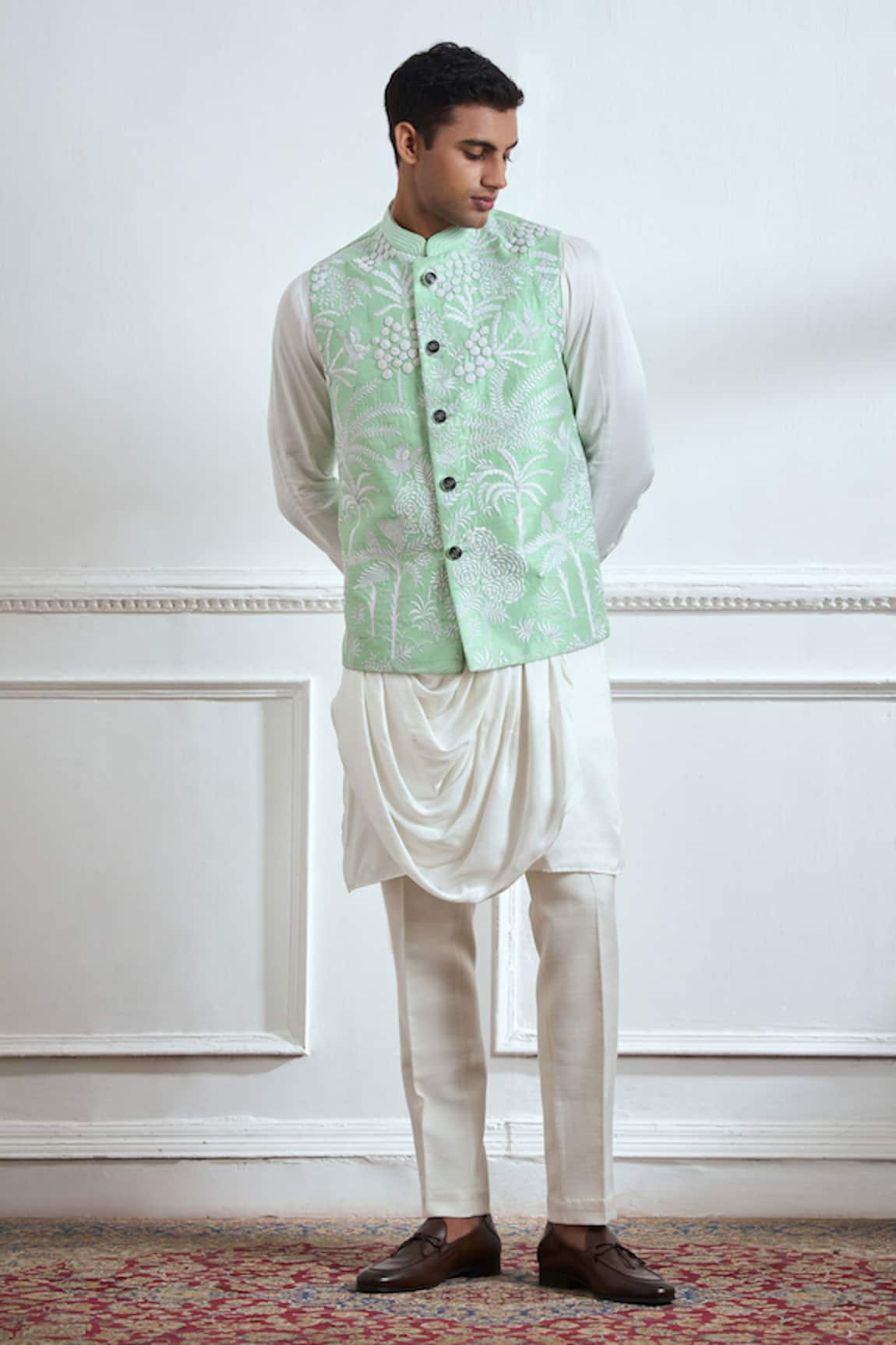 TAJIRI French Knot Botanic Embroidered Bundi Kurta Set