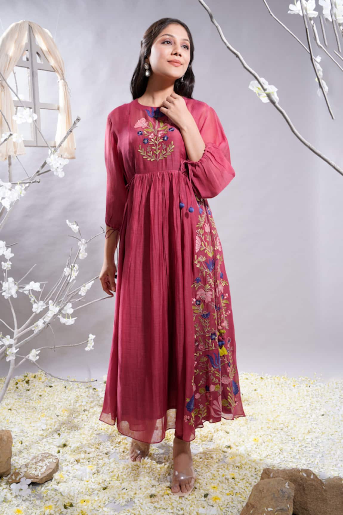 The White Tree Studio Maroon Floral Applique Anarkali Set 