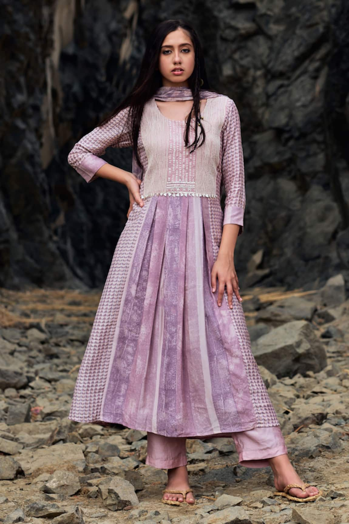 Lotus Sutr Geometric Block Print Anarkali Set