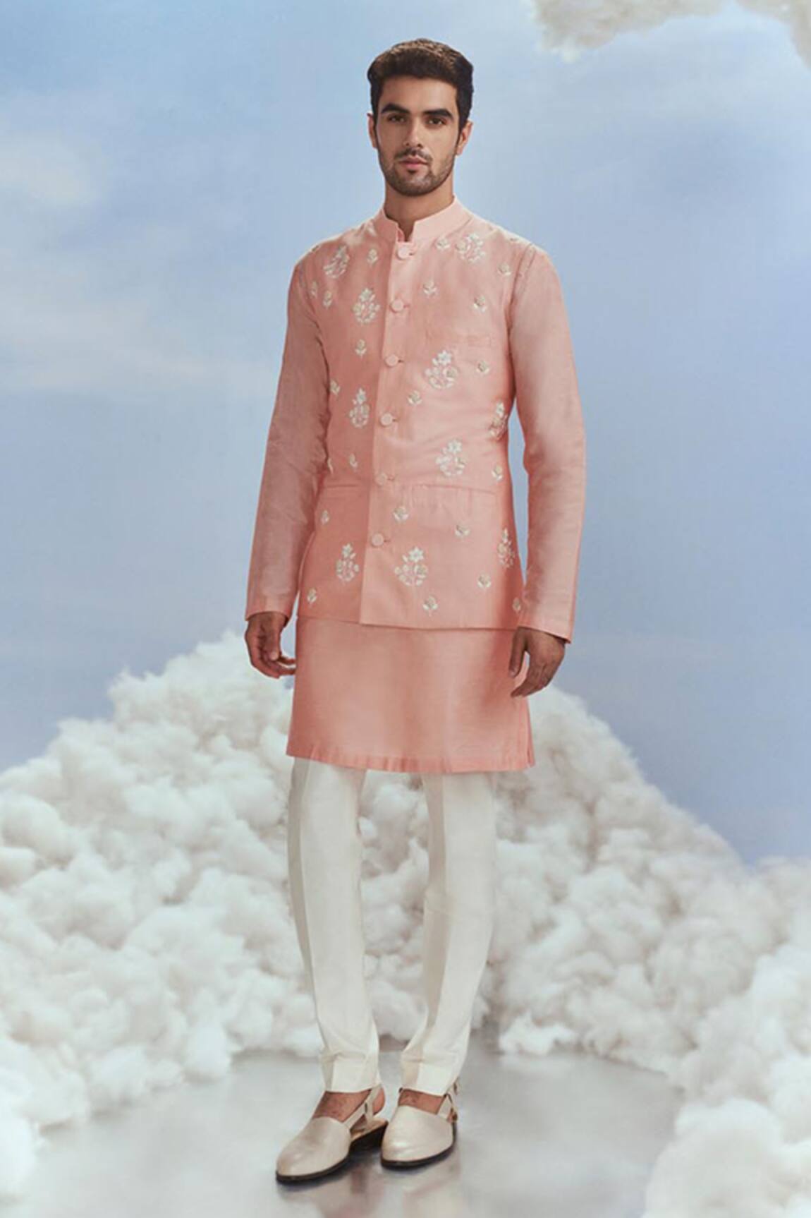 Nachiket Barve Peach Floral Embroidered Bundi Kurta Set 