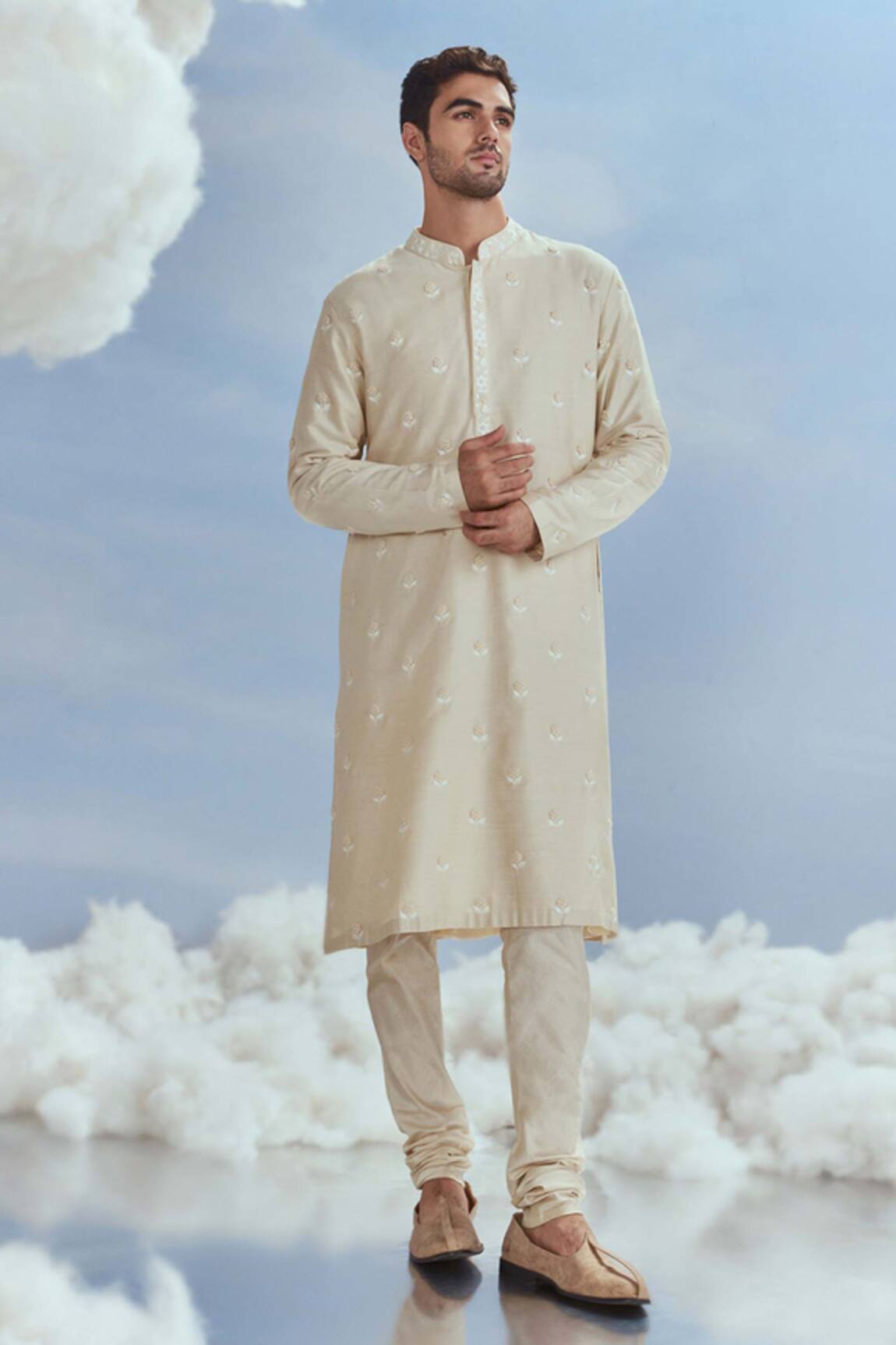 Nachiket Barve Cream Floral Embroidered Kurta Set 