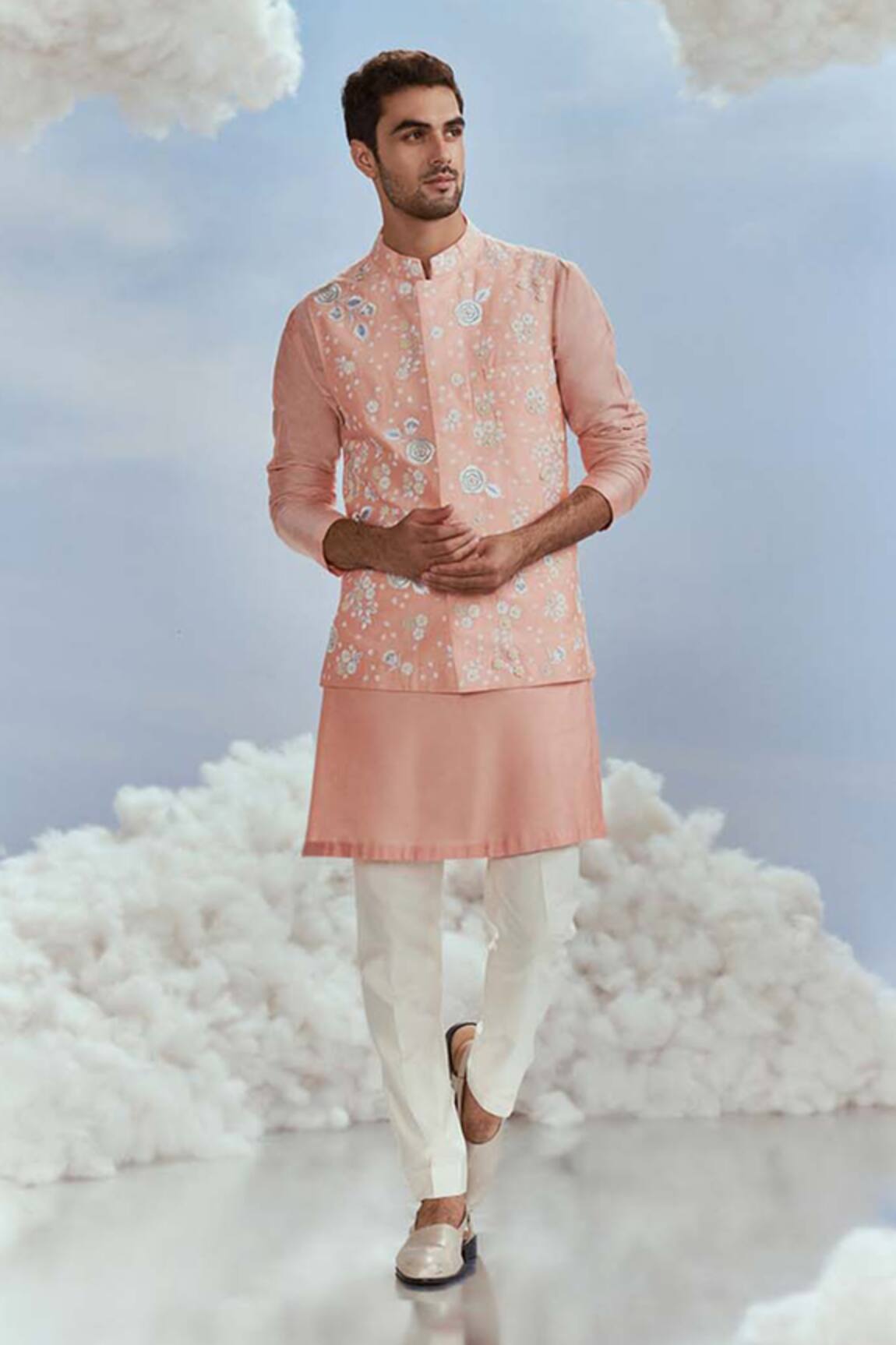 Nachiket Barve Peach Floral Embroidered Bundi Kurta Set 
