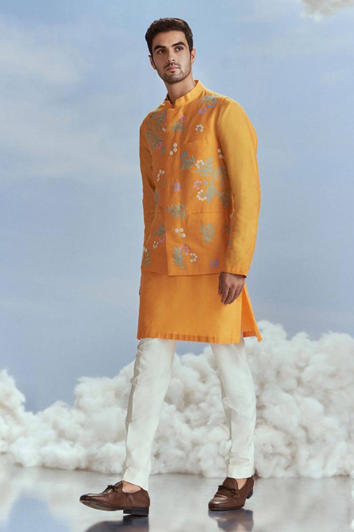 Nachiket Barve Floral Embroidered Yellow Bundi Kurta Set 