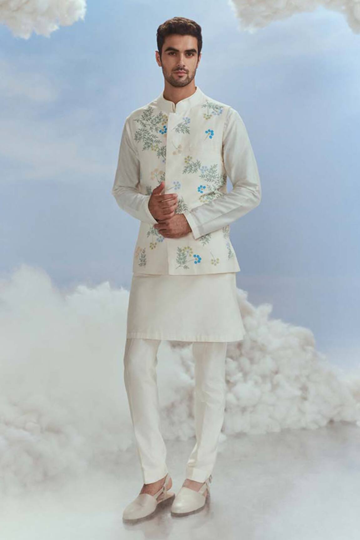 Nachiket Barve Floral Embroidered Bundi Kurta Set 