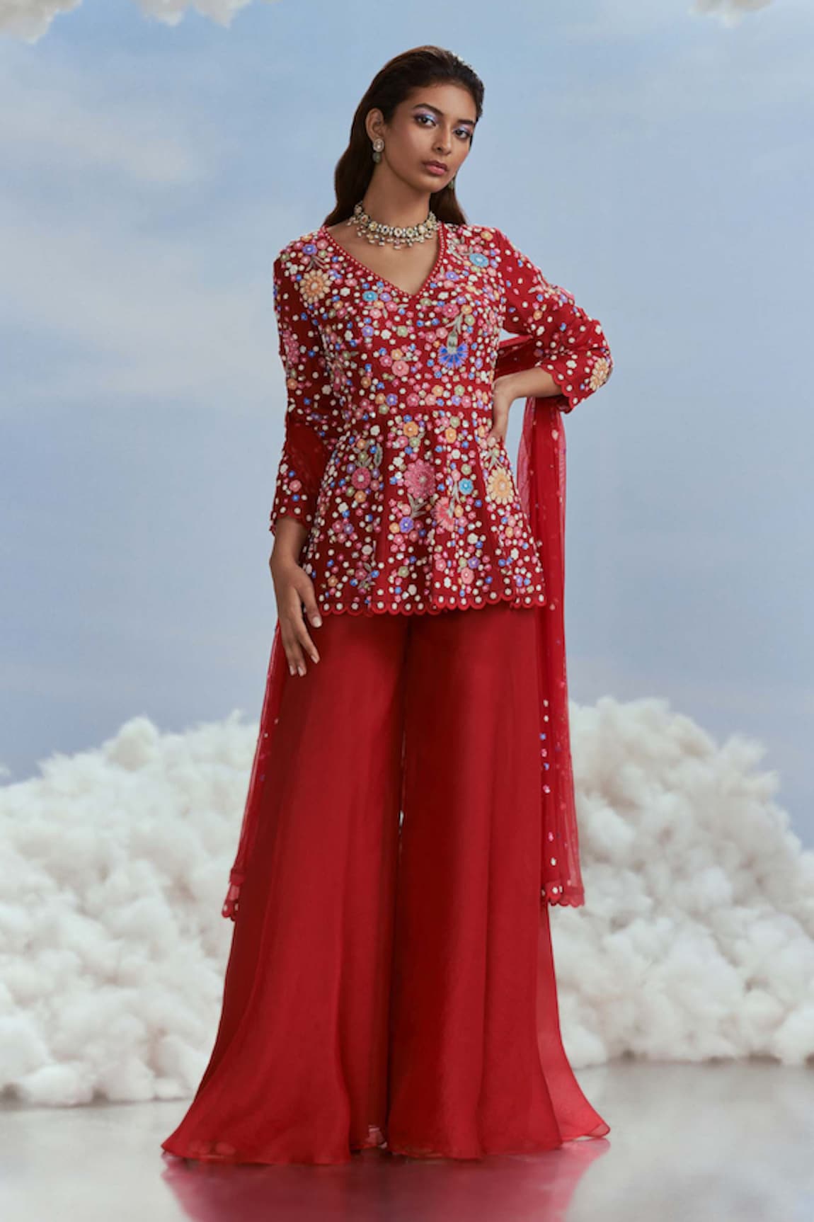 Nachiket Barve Izmir Carnations Embroidered Peplum Top Sharara Set