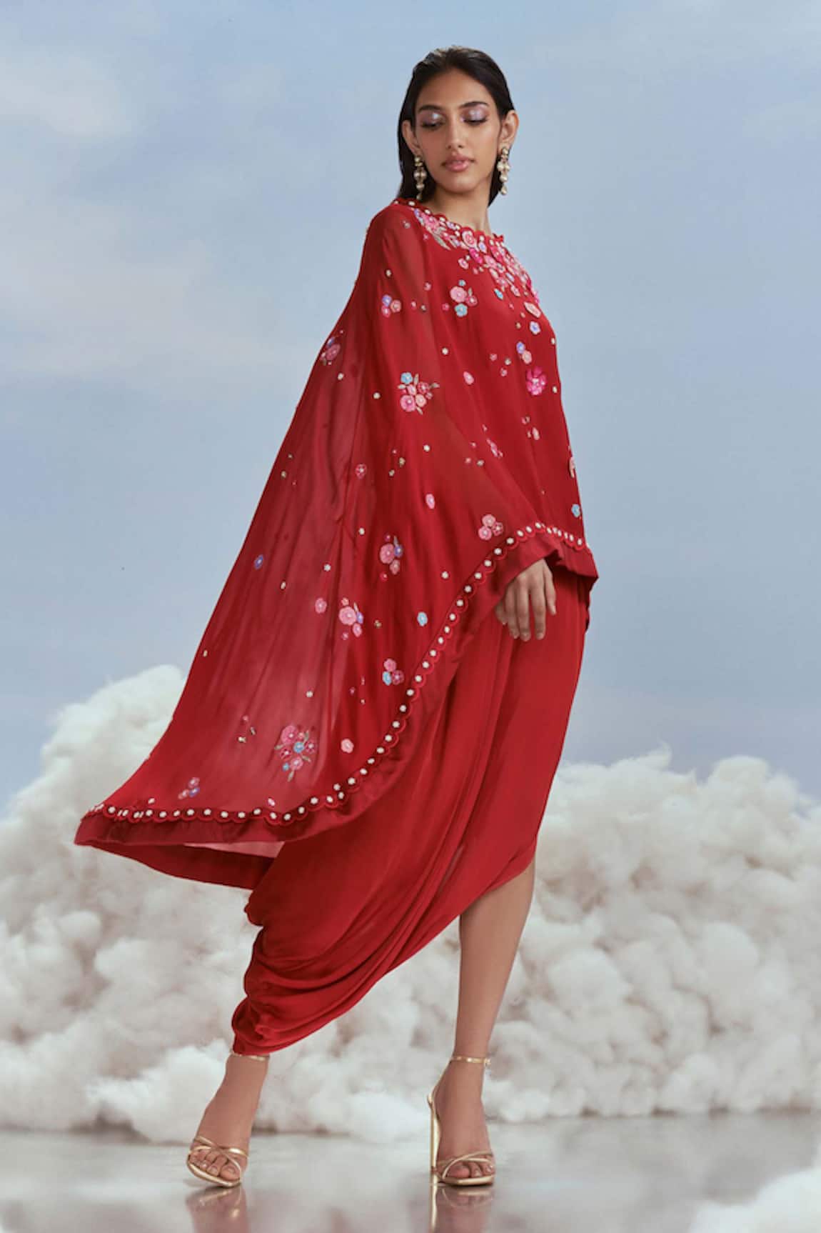 Nachiket Barve Izmir Carnations Embroidered Cape Draped Skirt Set
