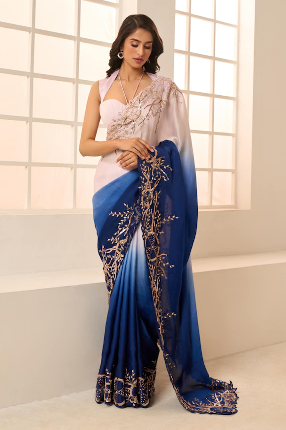 Masumi Mewawalla x AZA Ombre Embroidered Saree With Ruched Blouse