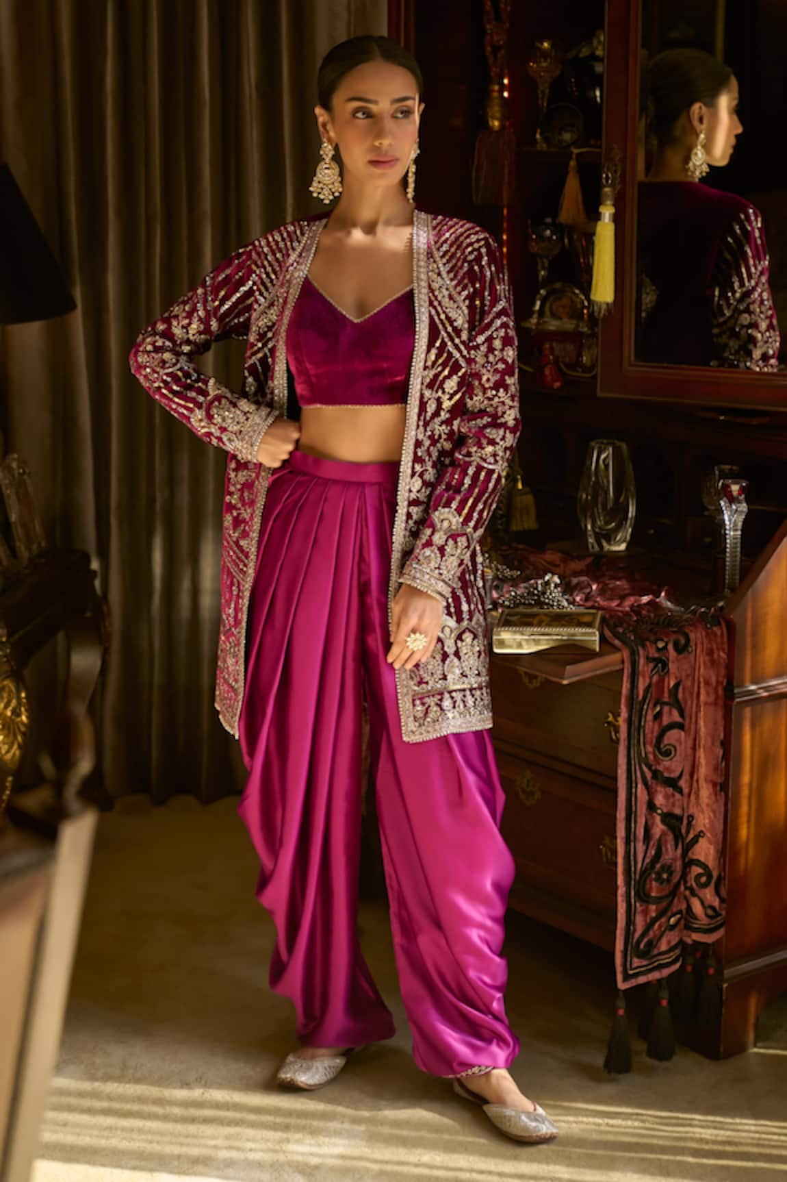 LASHKARAA Zari & Sequin Embroidered Jacket Draped Pant Set