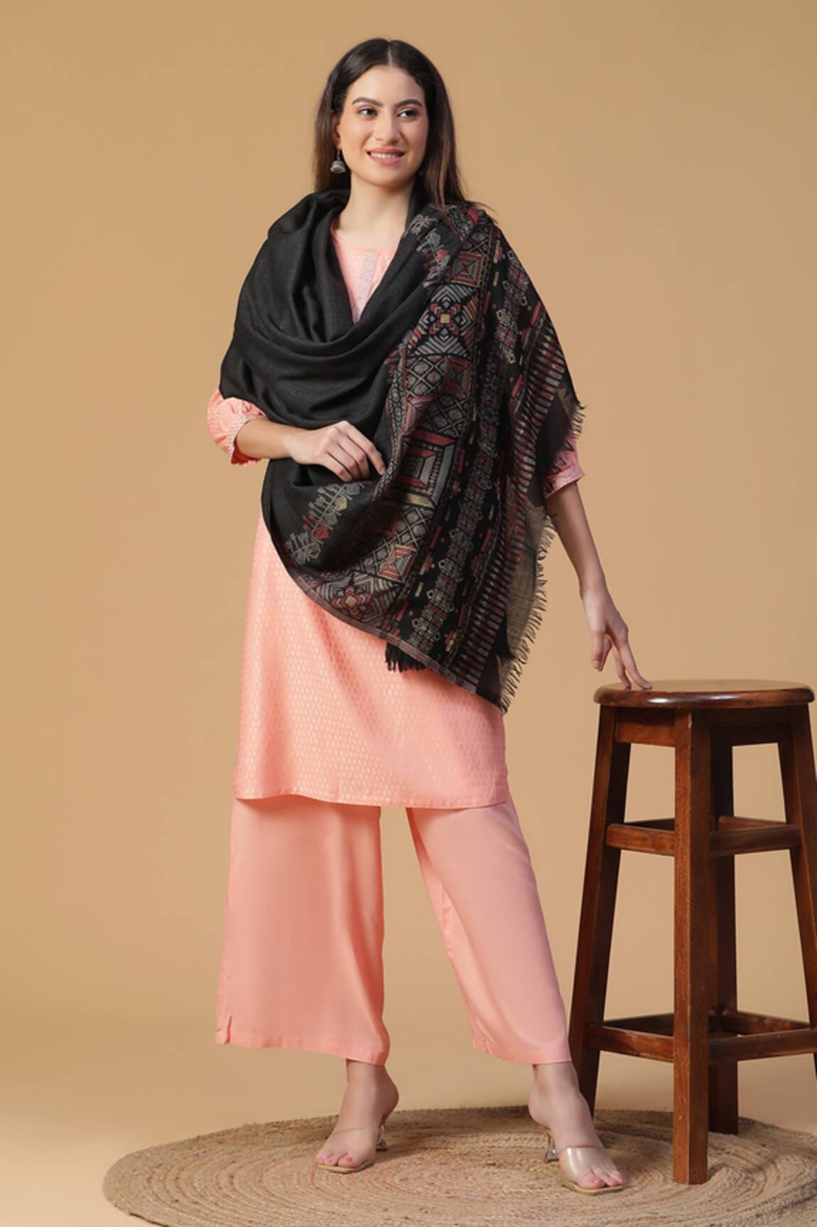 Shingora Wool Geometric Print Bordered Shawl 