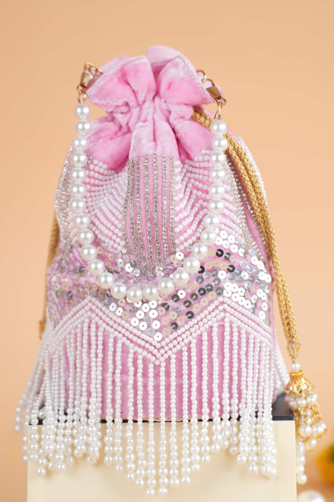 FEZA BAGS Sequin & Pearl Embellished Potli Bag