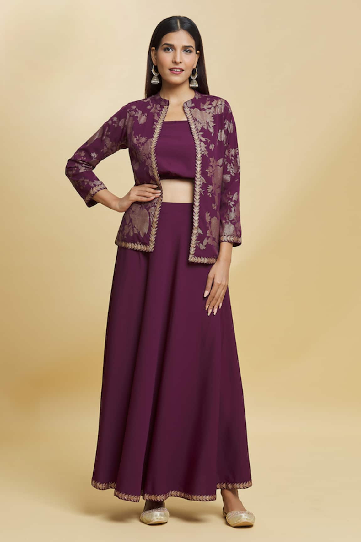 Adara Khan Floral Pattern Jacket Skirt Set