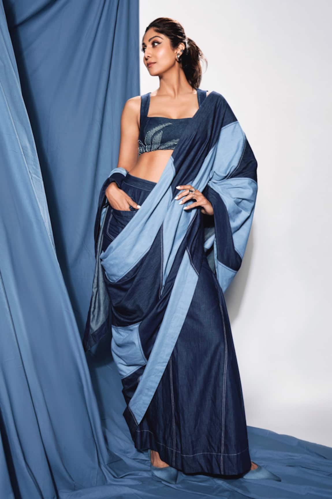 Diksha Khanna Blue Denim Patchwork Pre-Stitched Saree