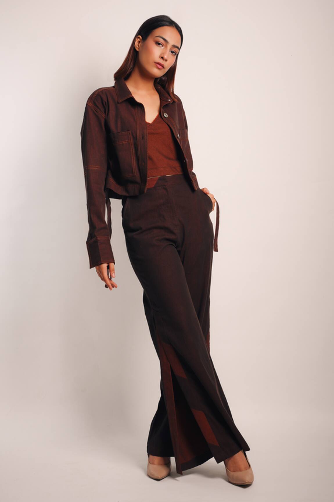 Diksha Khanna Ruched Crop Shirt With Patchwork Pant