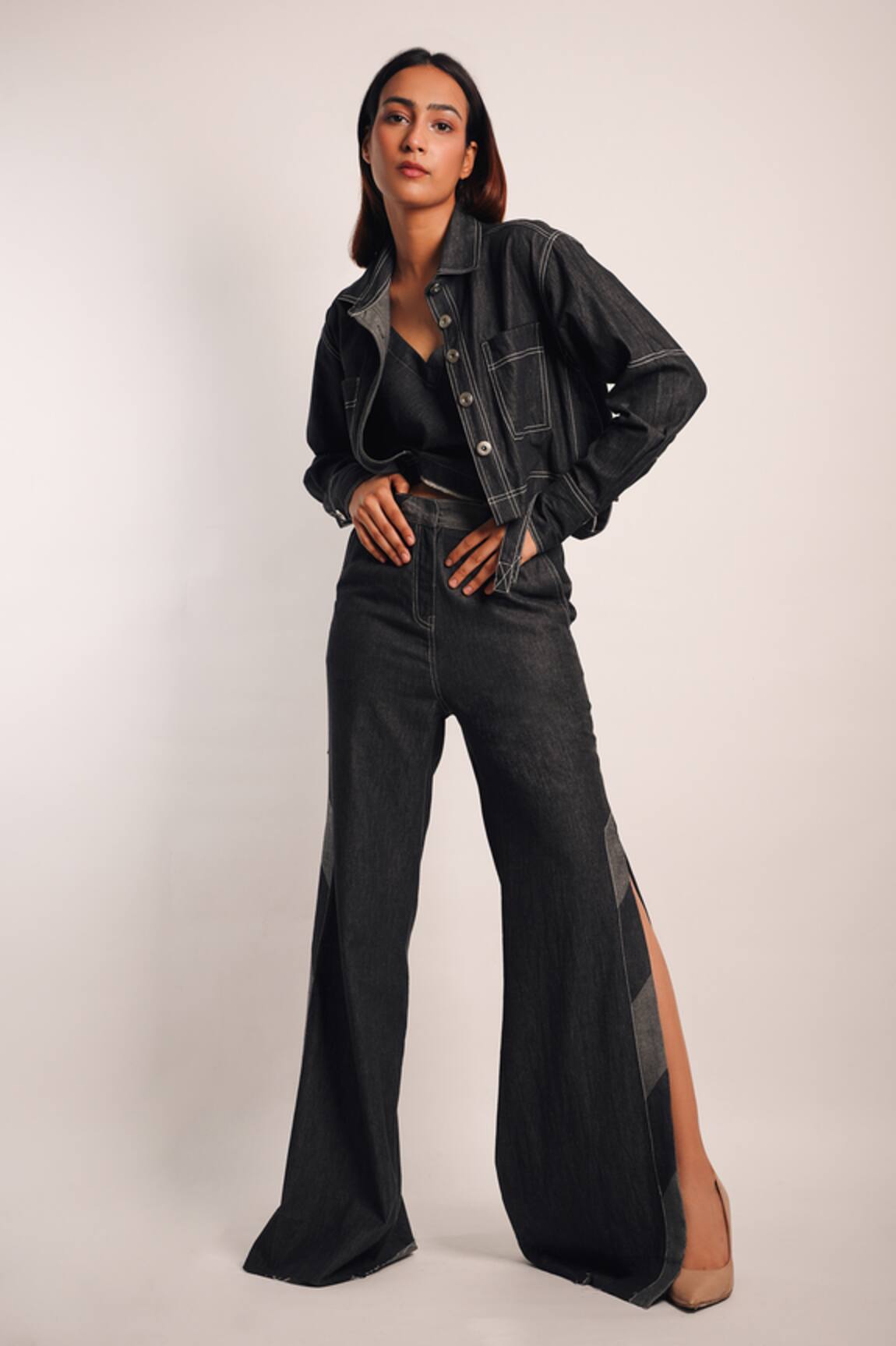 Diksha Khanna Ruched Crop Shirt With Side Slit Pant