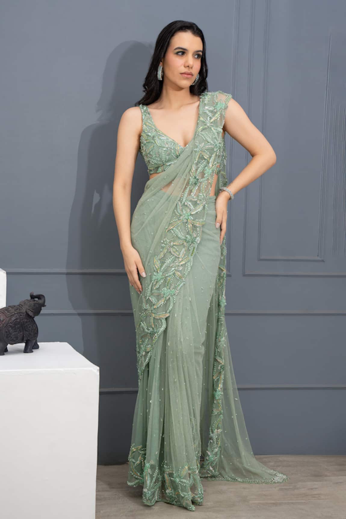 Richa Jaisinghani Label Sequin Embroidered Pre-Stitched Saree With Blouse
