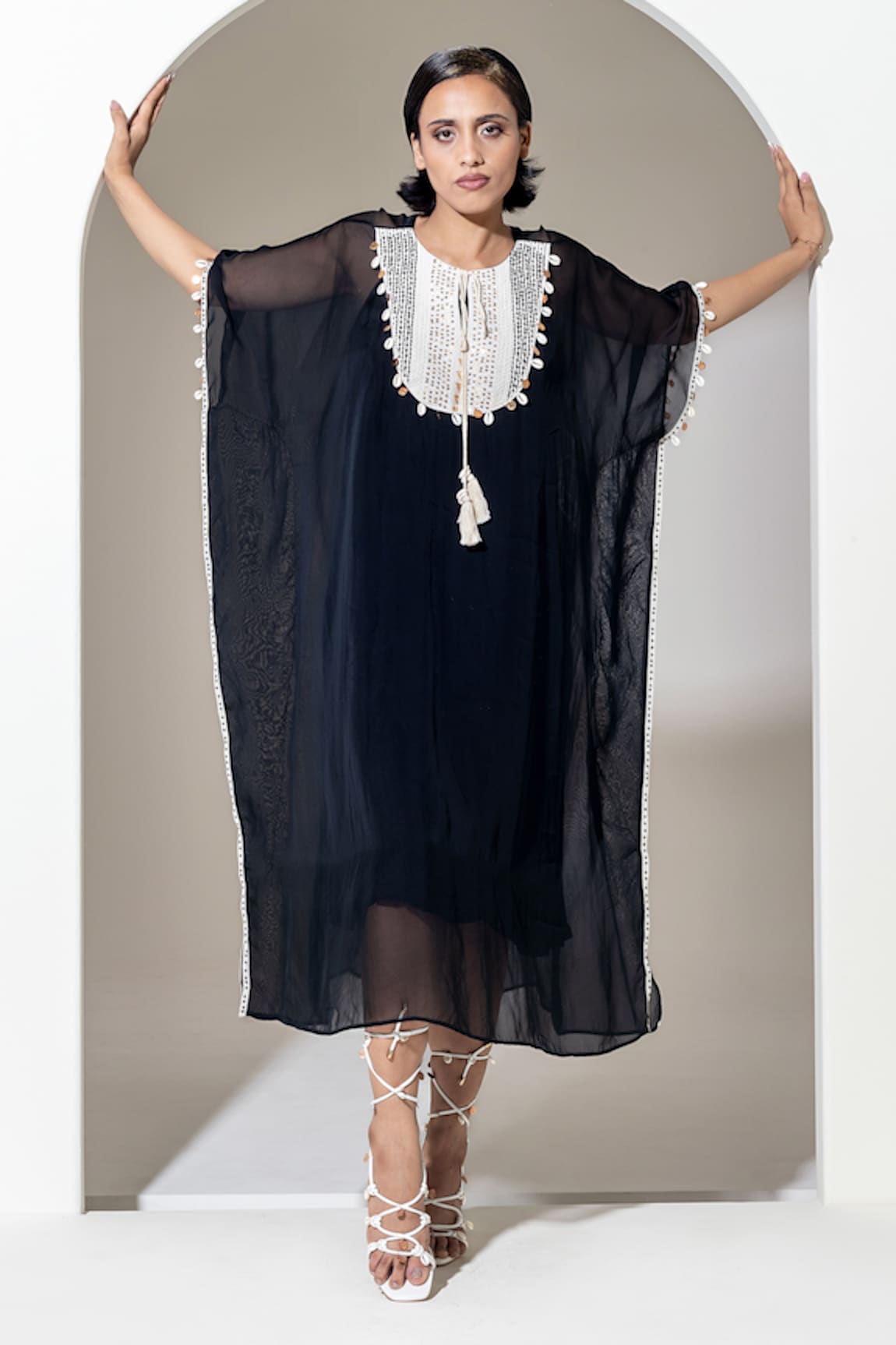 KUSMI Organza Embroidered Kaftan With Slip