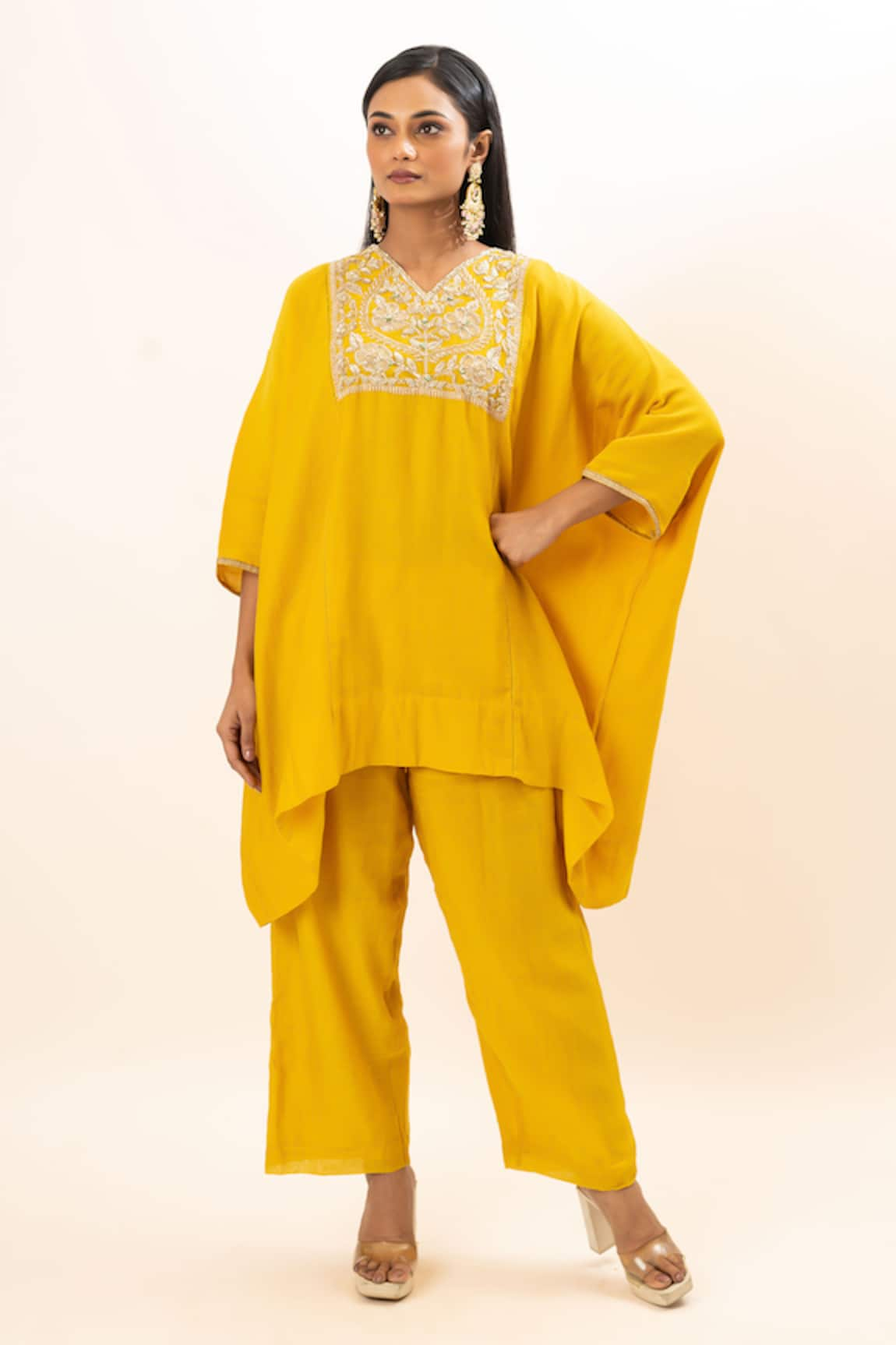 Oshi By Shikha Zardozi Embroidered Yoke Kaftan & Pant Set