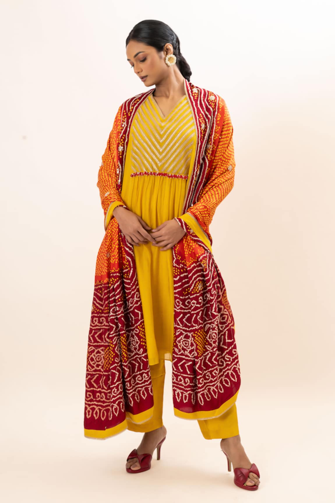 Oshi By Shikha Gathered Kurta Set With Bandhani Pattern Dupatta