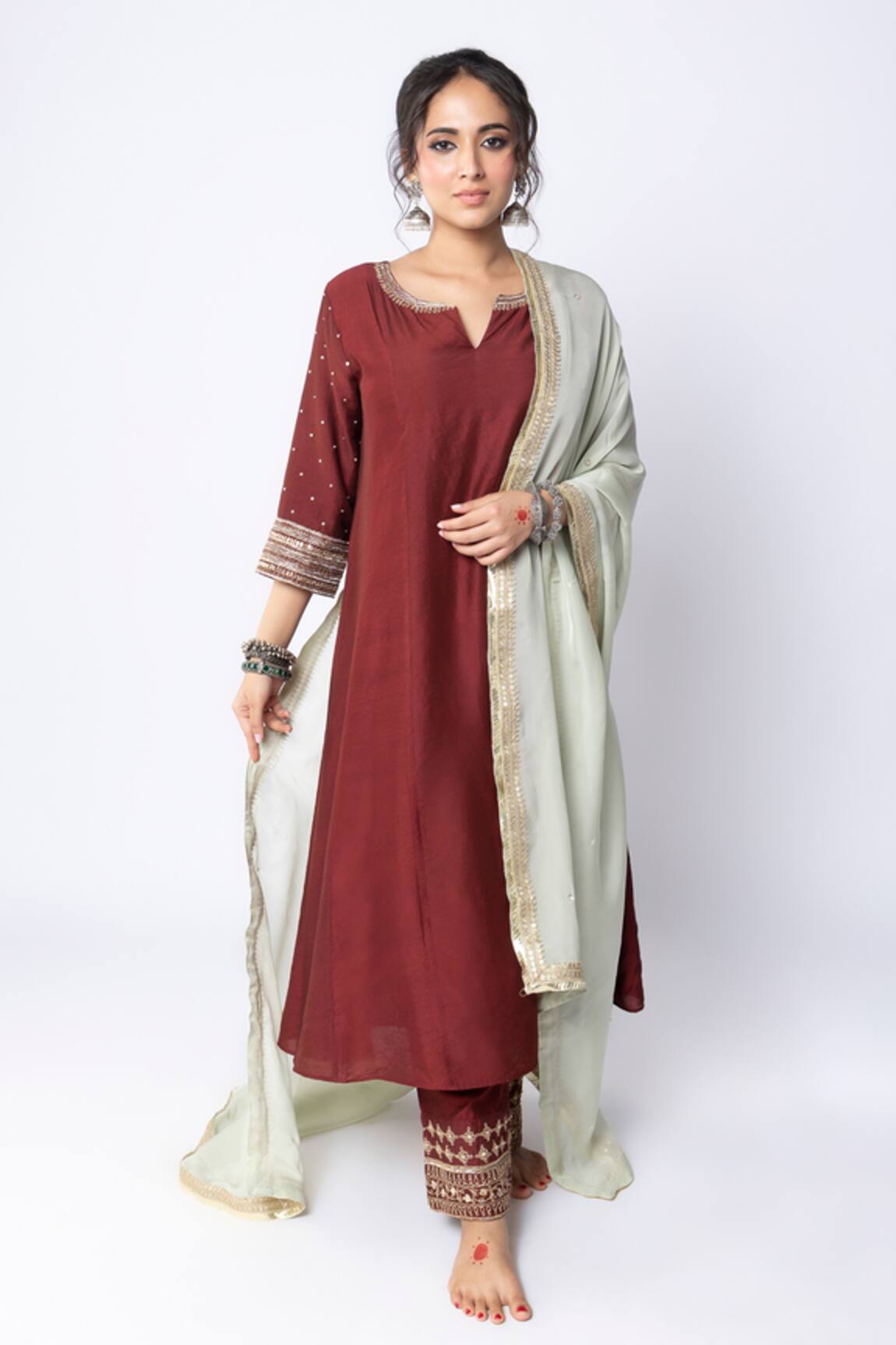 Pants And Pajamas Chanderi Sleeve Embroidered Kurta Set 