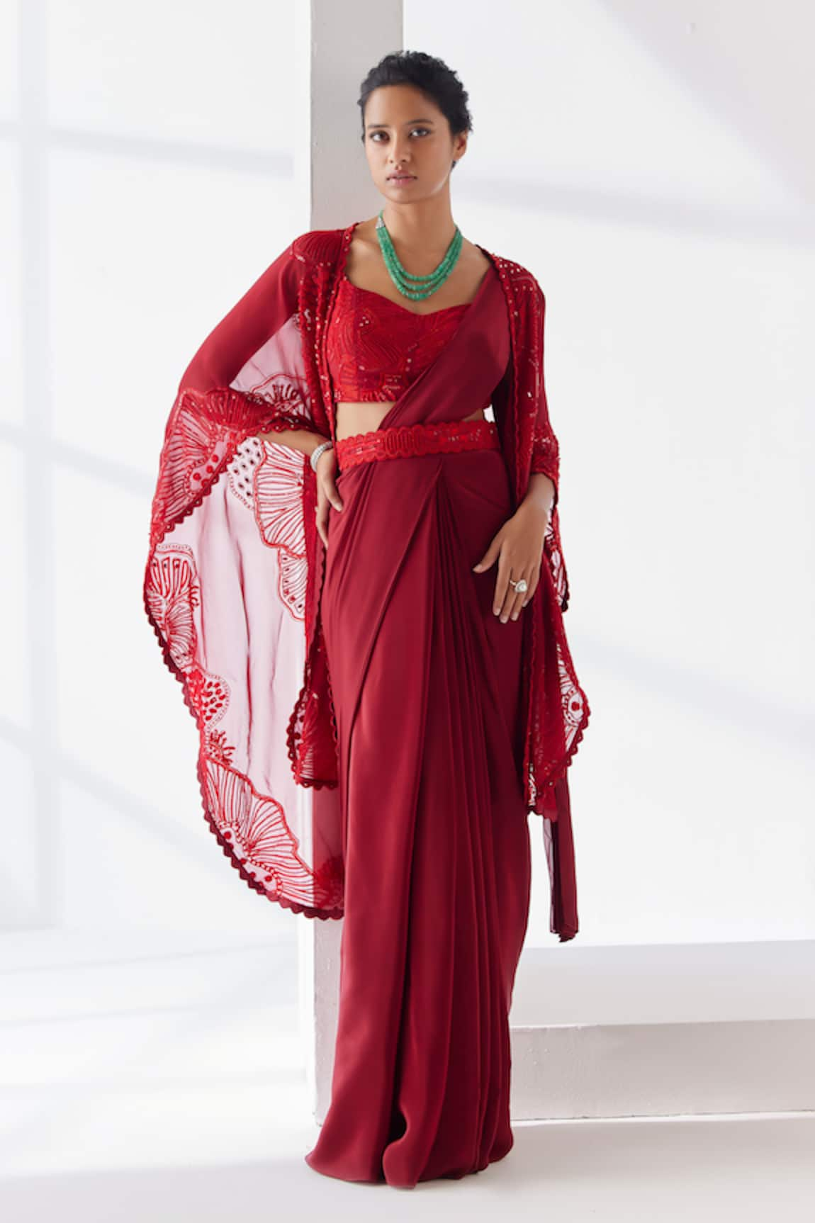 Mishru Cari Embroidered Pre-Draped Saree Cape Set