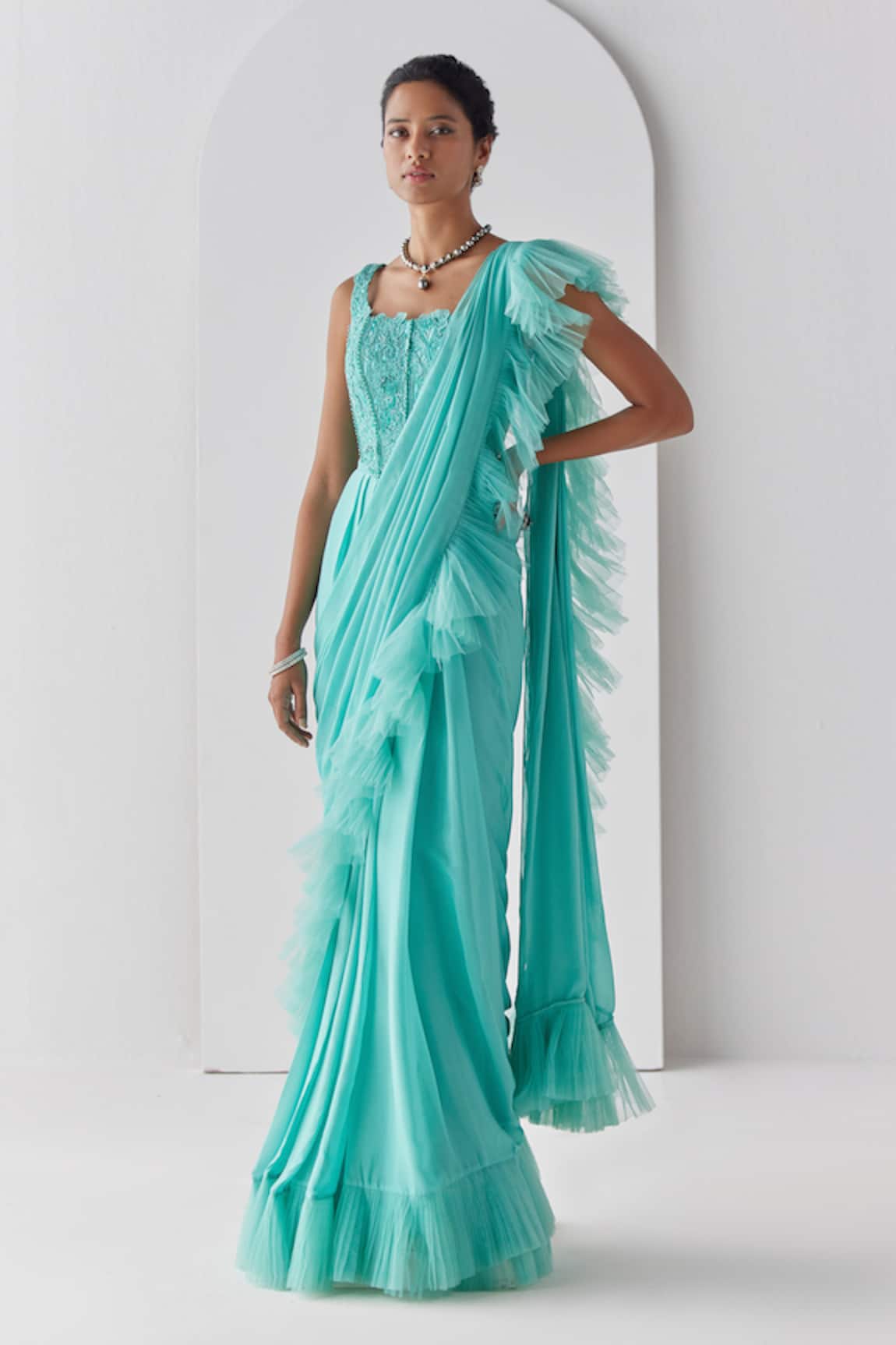 Mishru Fiji Pre-Draped Ruffled Saree With Blouse