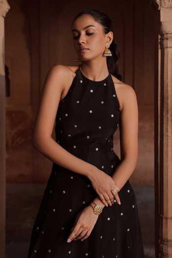 Buy Black Silk, Organza Embroidery Halter Neck Embellished Anarkali With  Dupatta For Women by Sonal Pasrija Online at Aza Fashions.