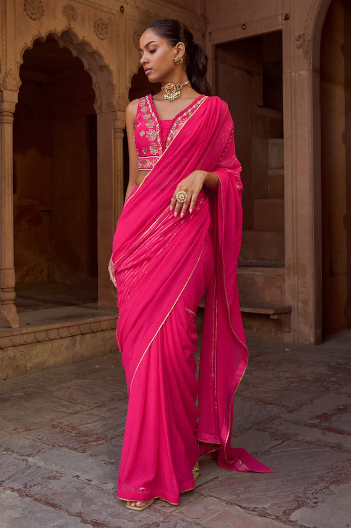Sonal Pasrija Lace Border Pre-Draped Saree With Blouse