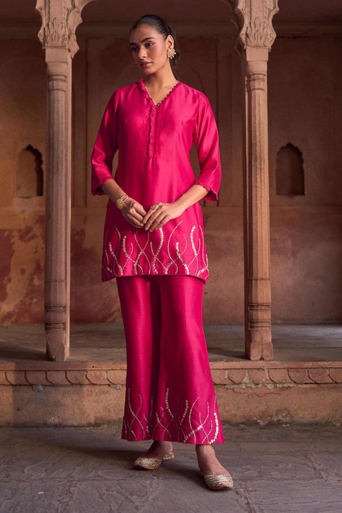 Sonal Pasrija Sequin Petal Swirl Embroidered Kurta With Flared Pant