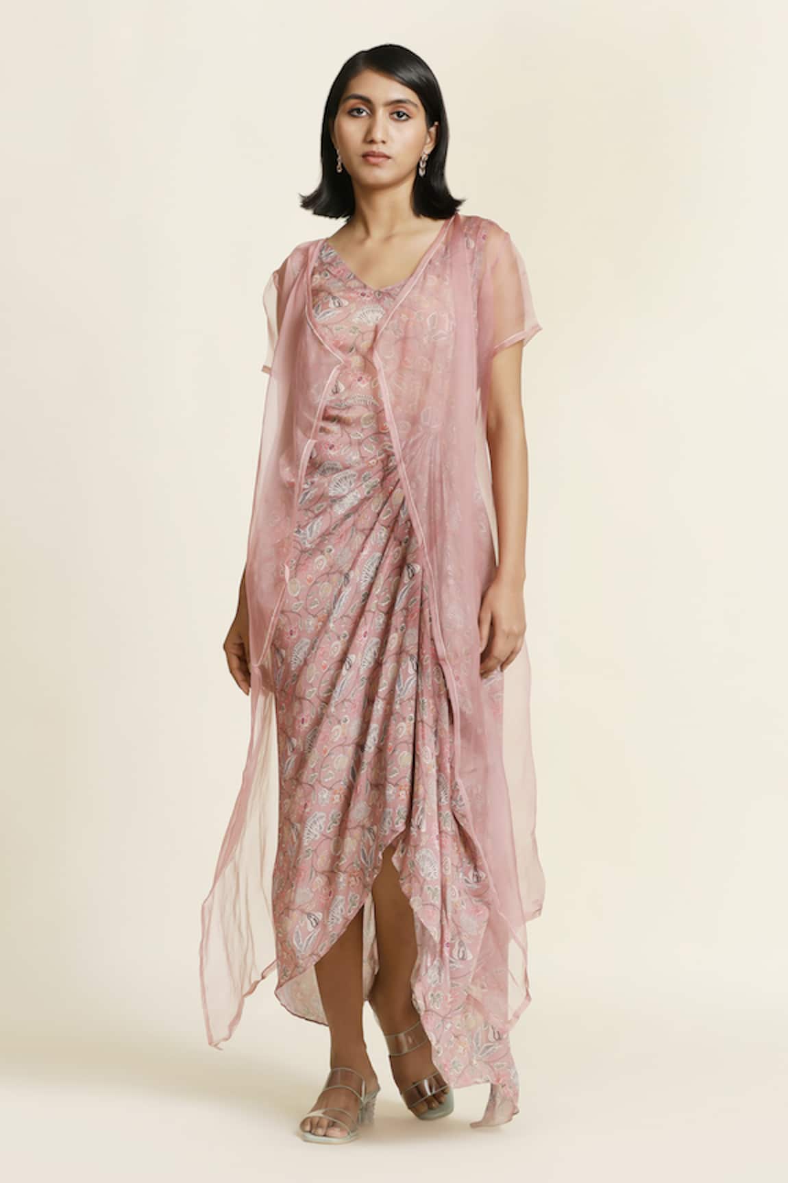 Oshi By Shikha Printed Draped Dress & Overlay Set