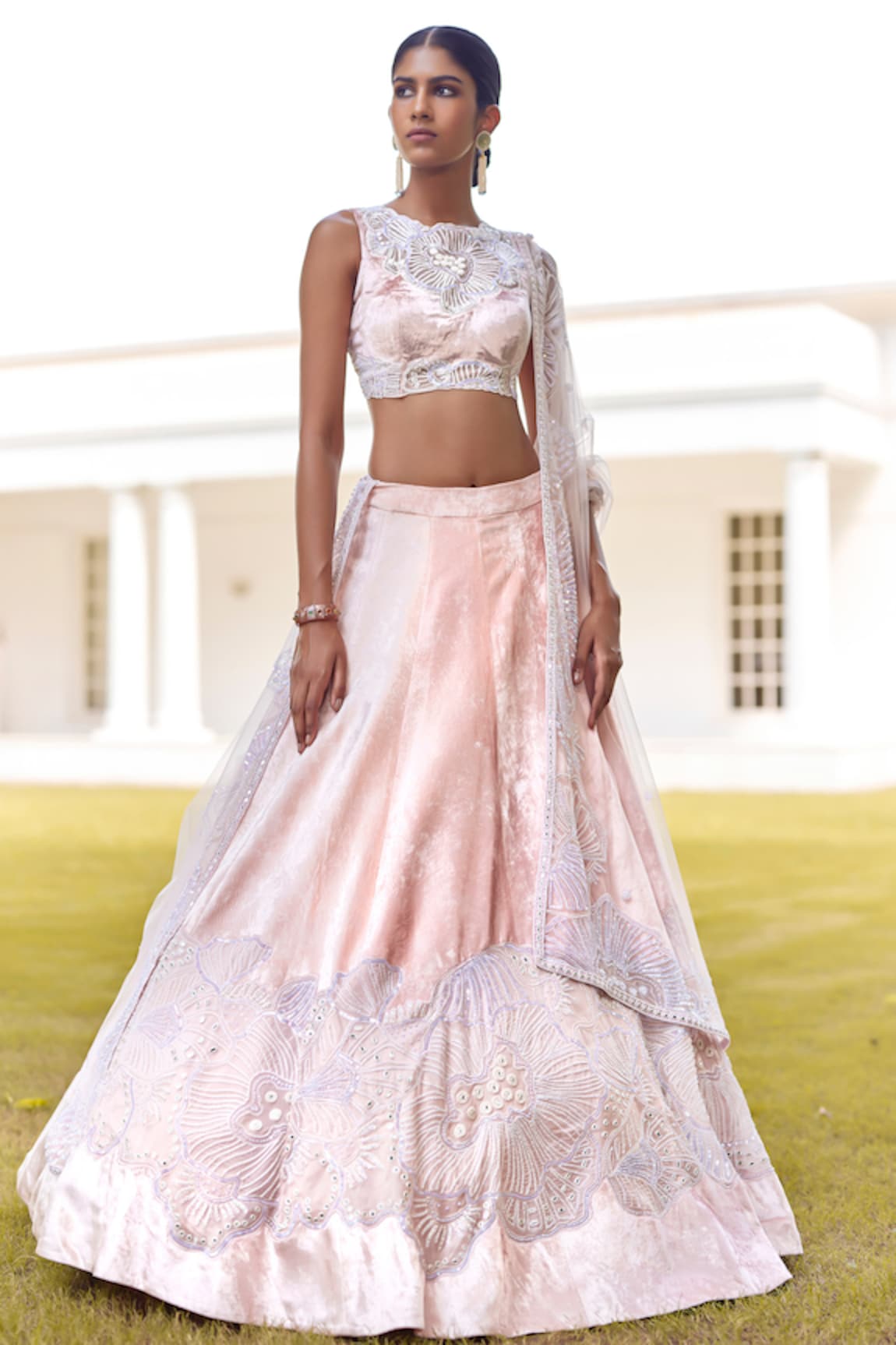 Mishru Malley Velvet Embroidered Bridal Lehenga Set