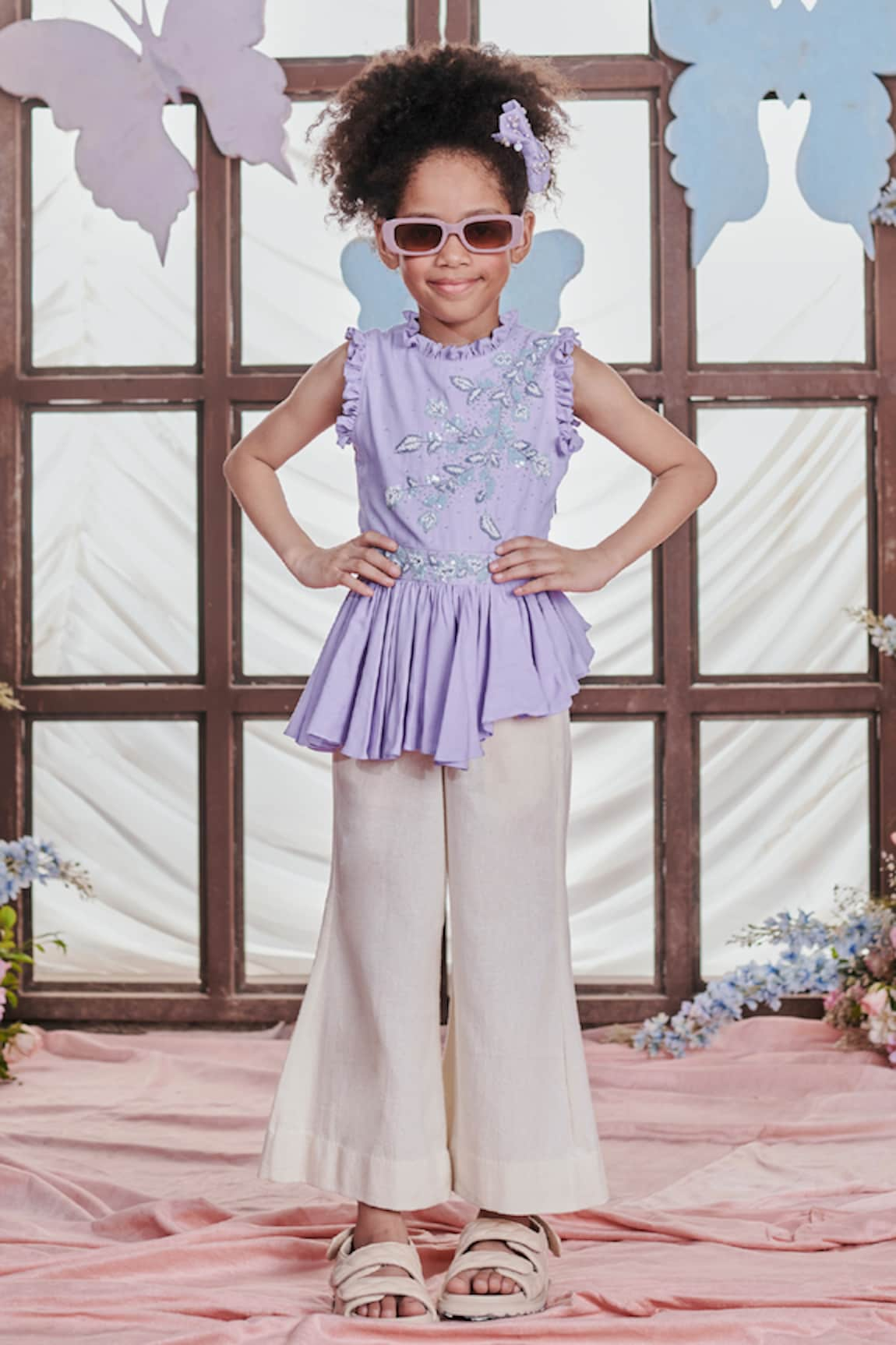 LITTLEENS Viola Cypress Vine Embellished Top With Bell Bottom Pant