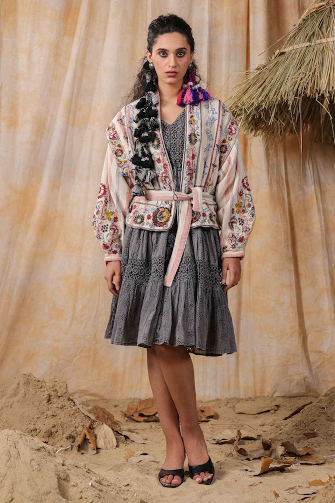 NYARO Floral Embroidered Jacket With Belt