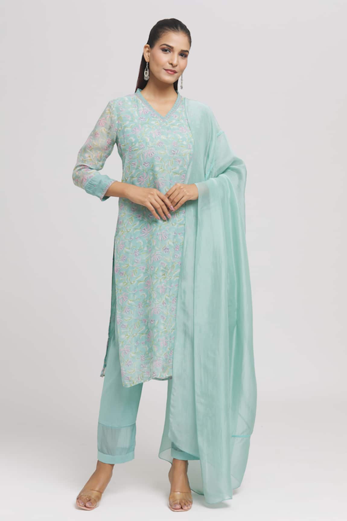 Missprint Floral Hand Block Print Kurta Pant Set 