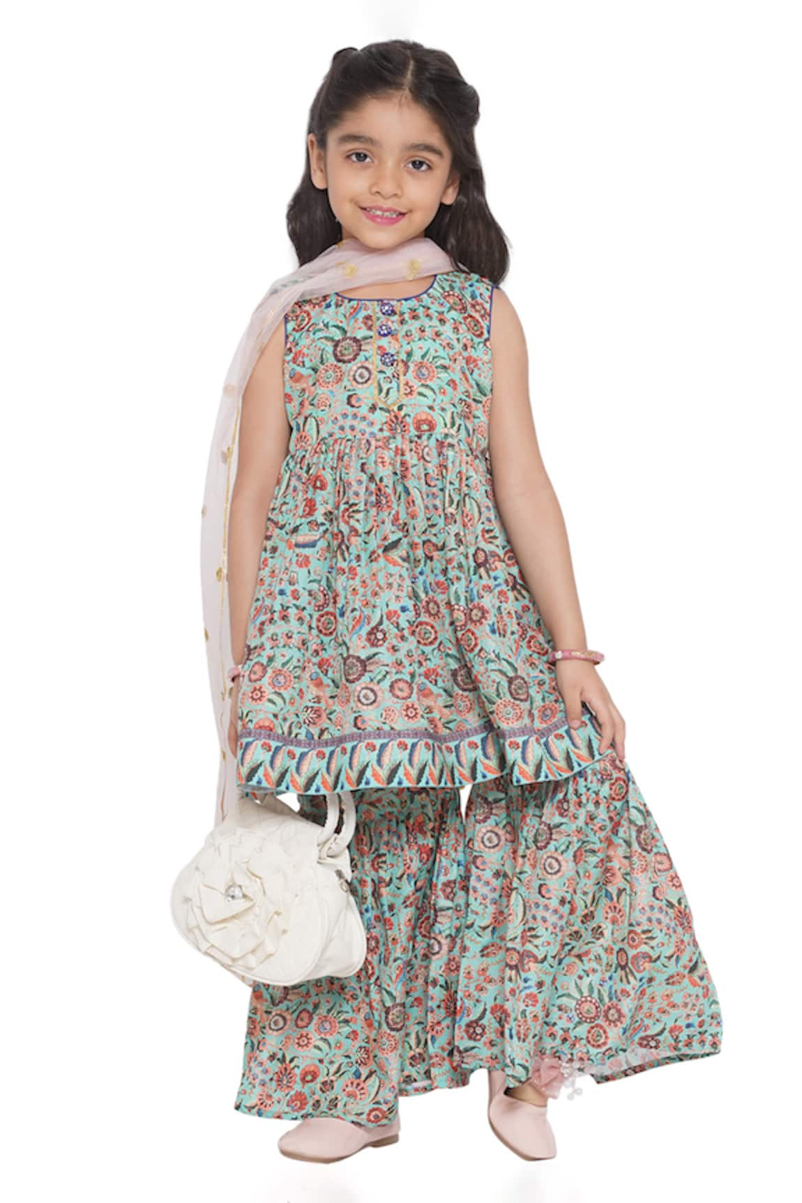 Little Bansi Silk Floral Print Peplum Kurta Sharara Set