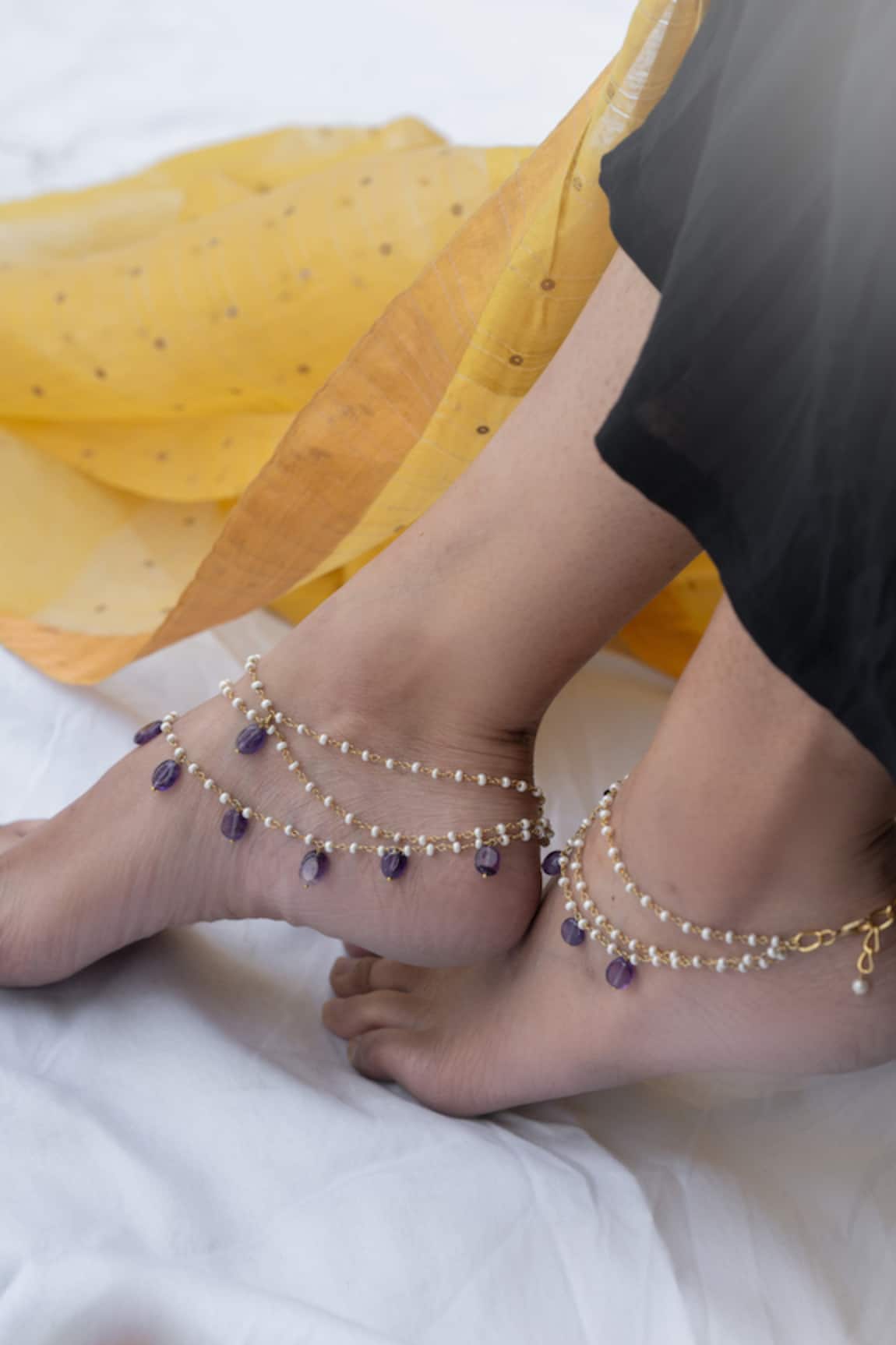 Do Taara Multi Layered Pearl & Onyx Anklets Set of 2