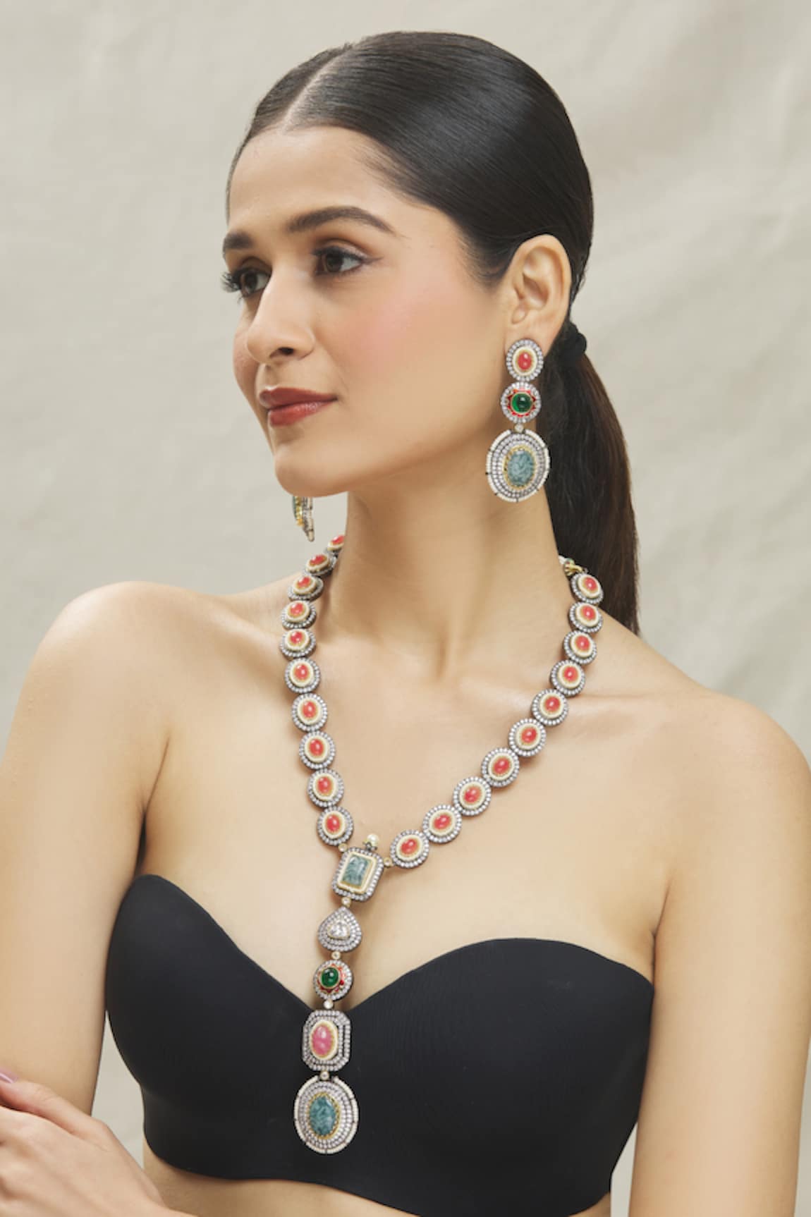 VIVINIA by Vidhi Mehra Zircon & Beaded Long Necklace Set