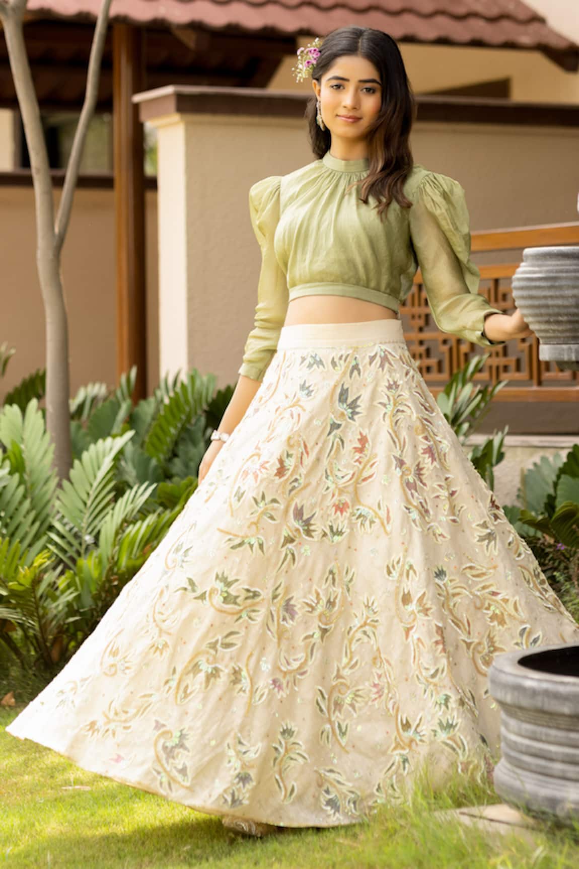 ABSTRACT BY MEGHA JAIN MADAAN Leg Of Mutton Sleeves Crop Top With Boho Fleur Embroidered Skirt