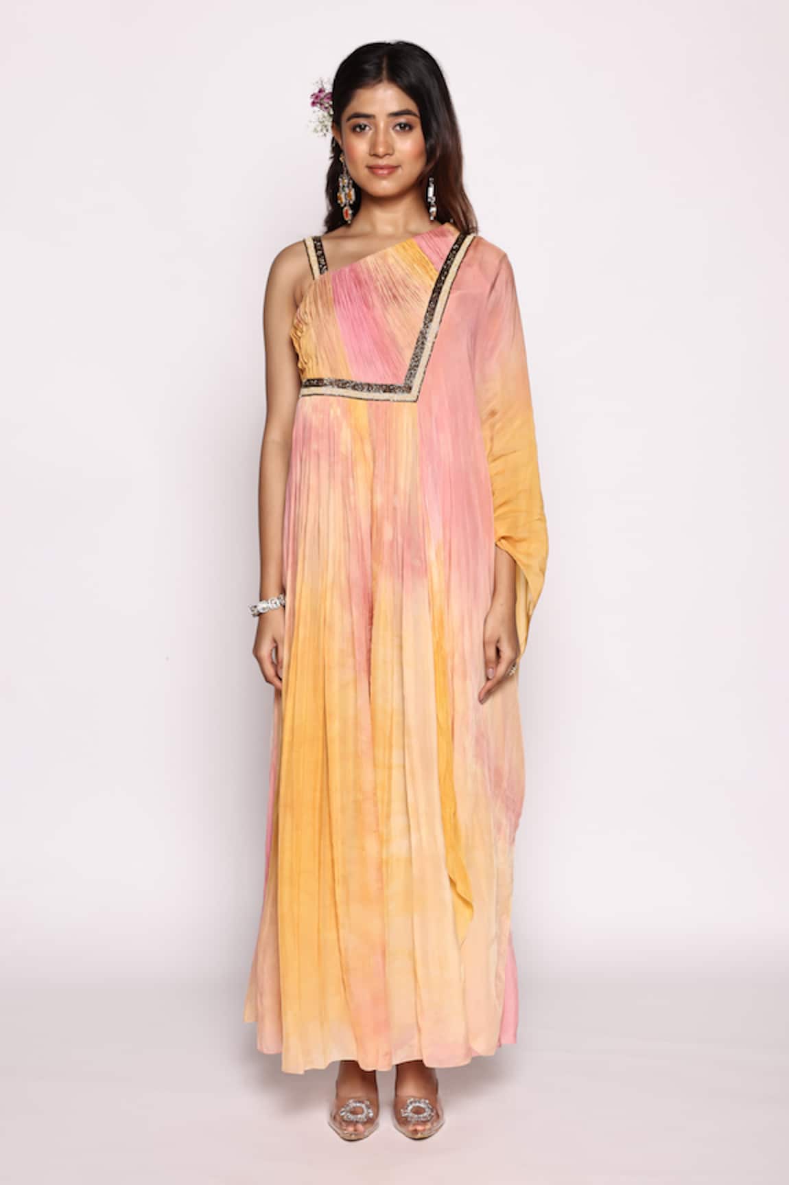 ABSTRACT BY MEGHA JAIN MADAAN Ombre Embellished Ruched Bodice Jumpsuit With Attached Dupatta