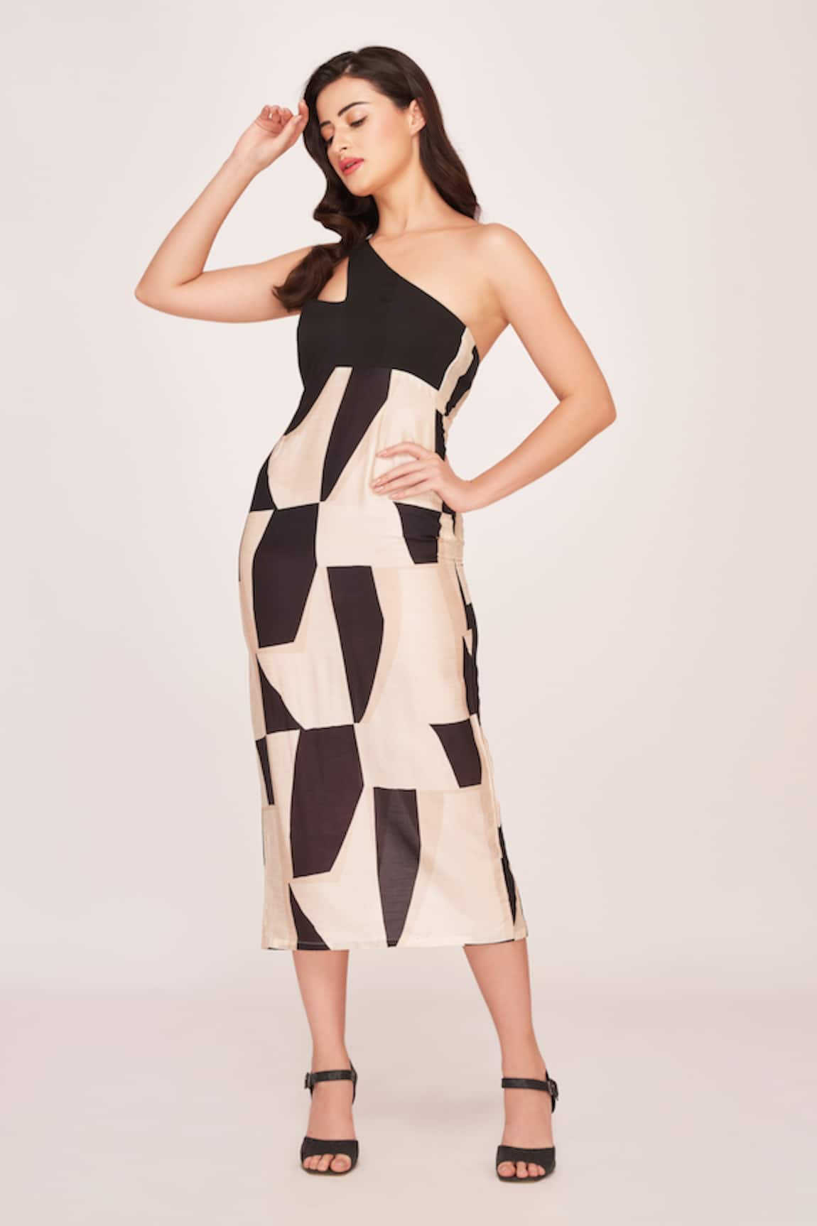 House of Varada Mosaic Print One Shoulder Midi Dress