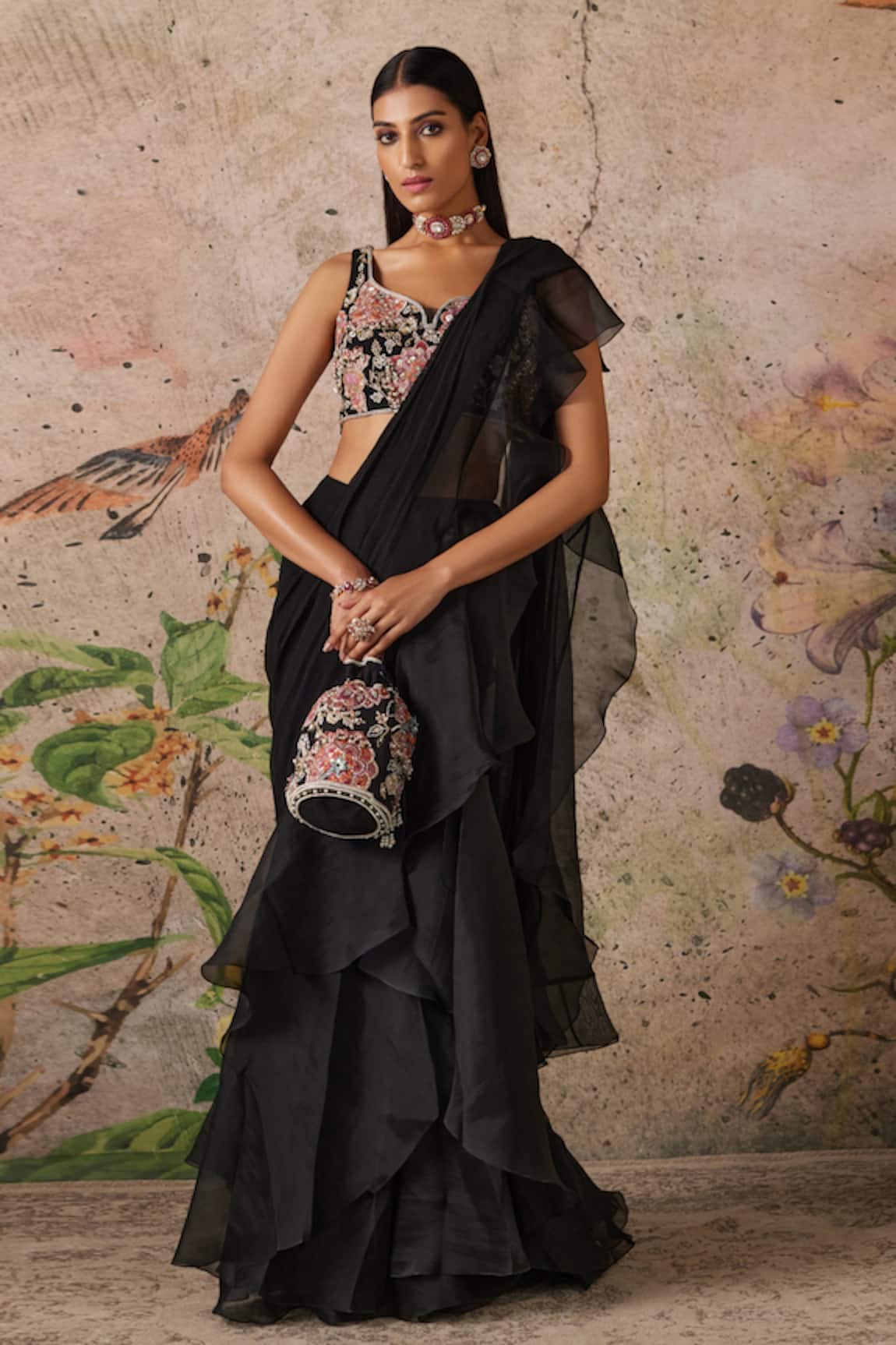 Ridhi Mehra Noir Pre-Draped Ruffle Saree With Embroidered Blouse