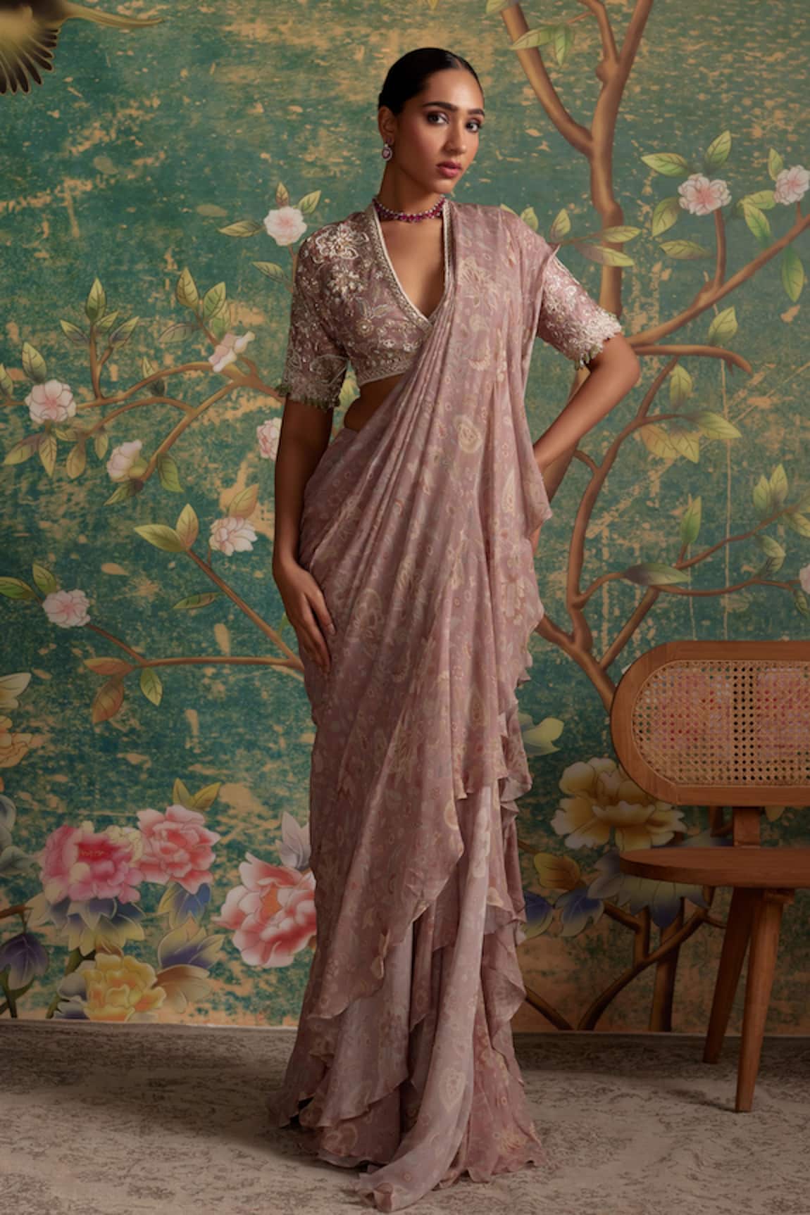 Ridhi Mehra Flamboyance Chiffon Floral Print Pre-Draped Saree With Blouse