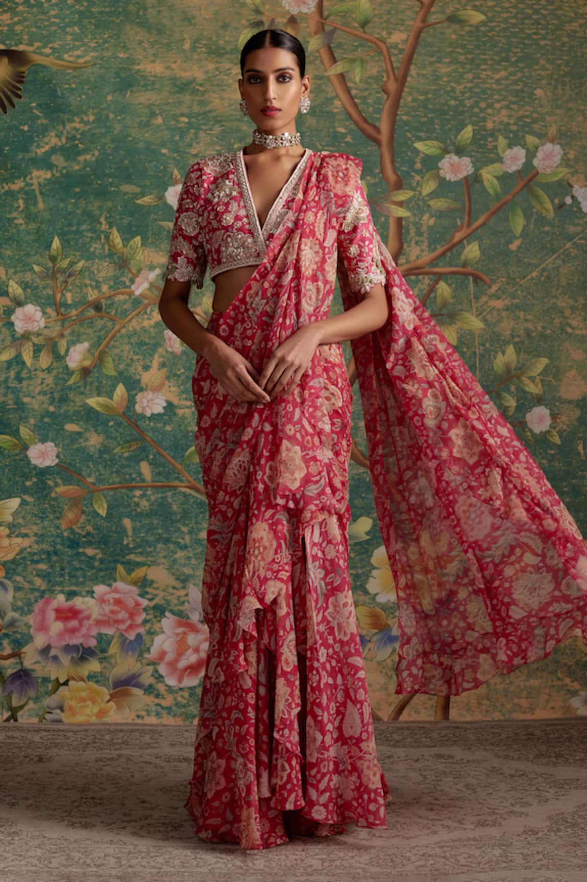 Ridhi Mehra Flamboyance Floral Print Ruffled Pre-Draped Saree With Blouse