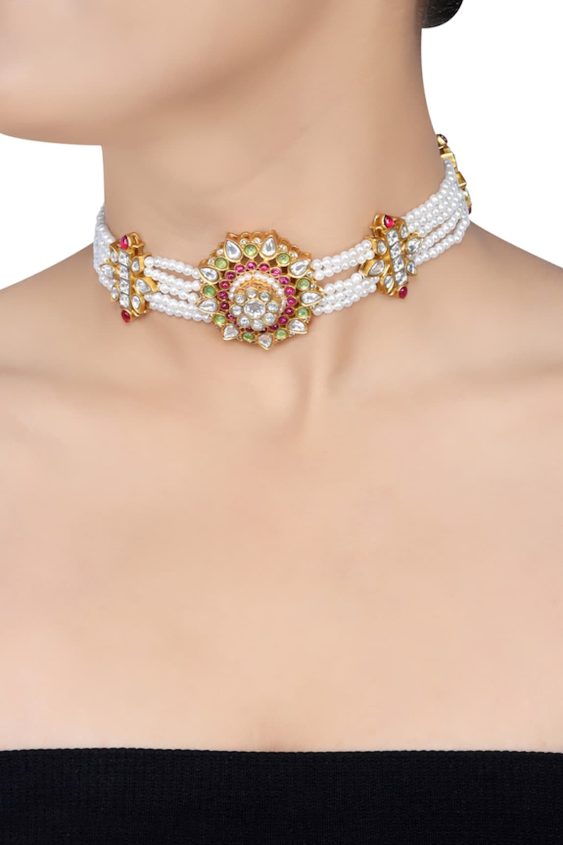 Tribe Amrapali Pakhi Pearl Embellished Floral Choker Necklace