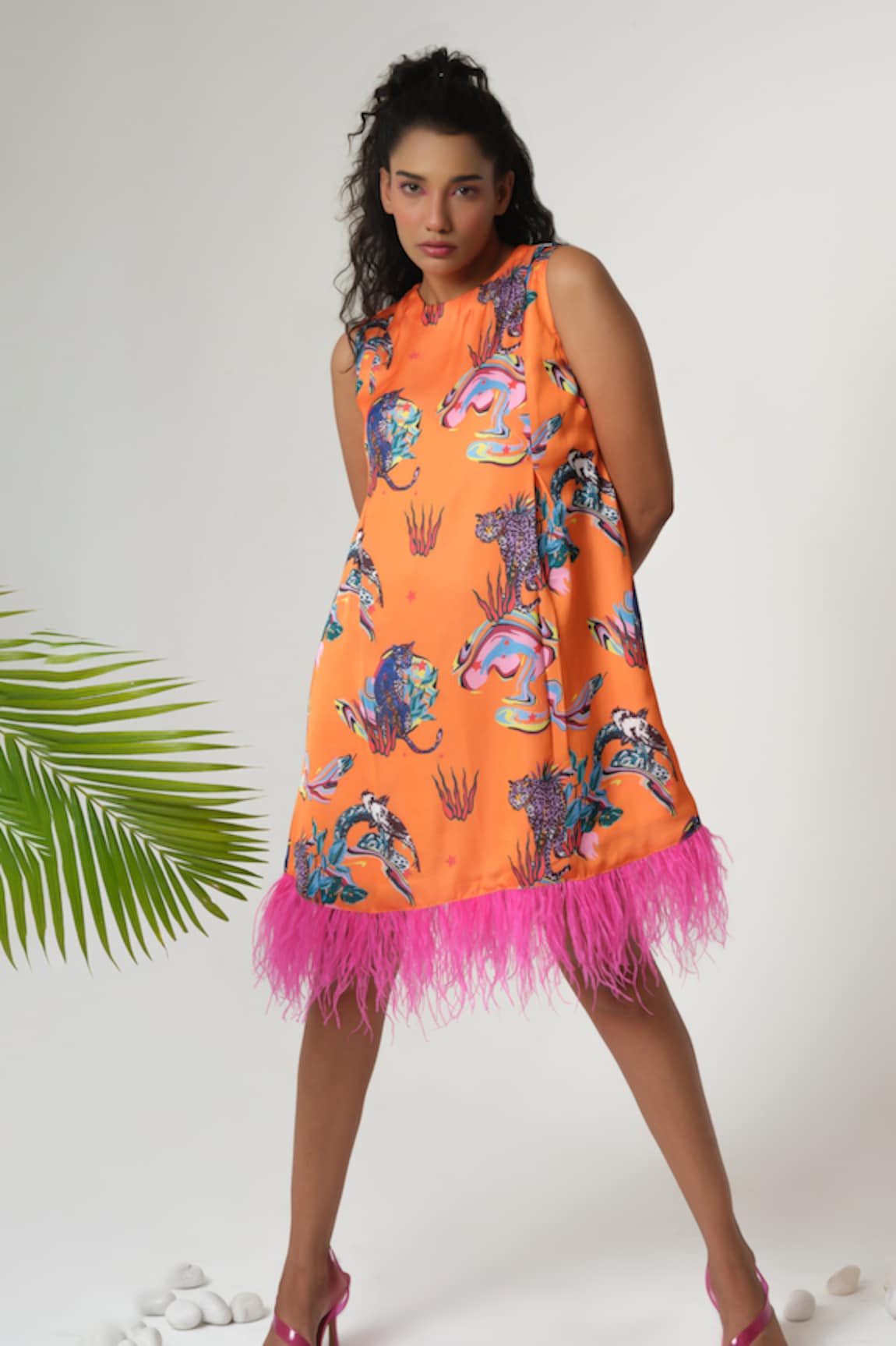 Sanjana reddy Designs Wild Forest Print Feathers Embellished Dress