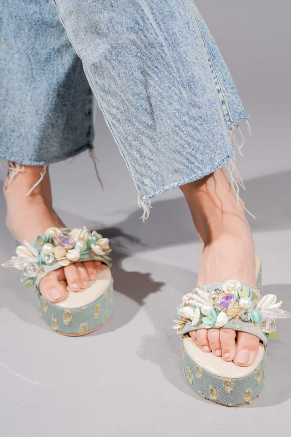 THE EPISODE Superstar Embellished Denim Strap Platforms