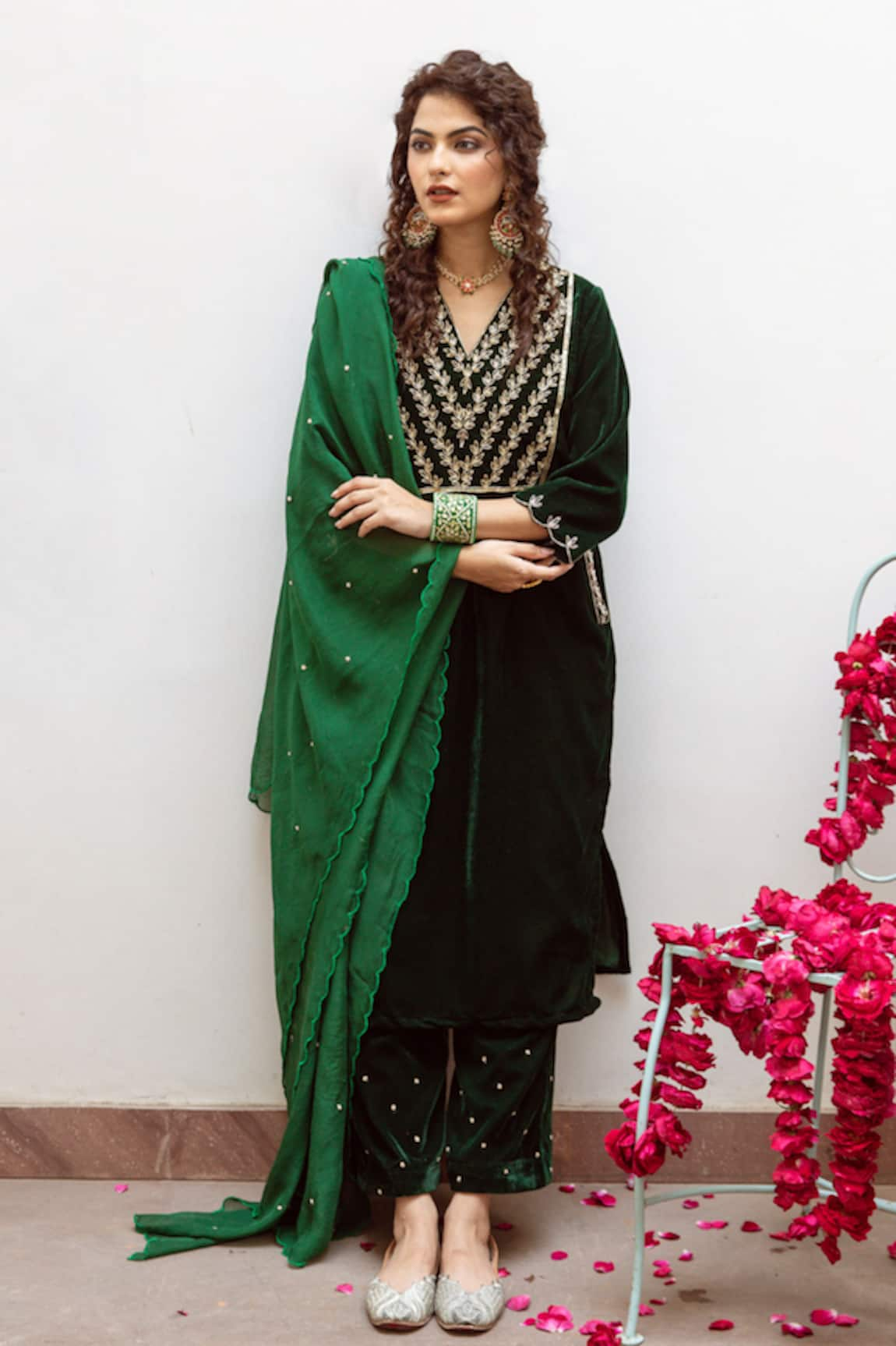 Maison Shefali Roya Panna Velvet Hand Embroidered Kurta Set