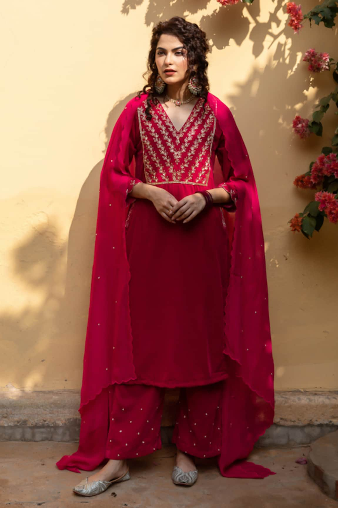 Maison Shefali Roya Gulabi Velvet Hand Embroidered Kurta Set