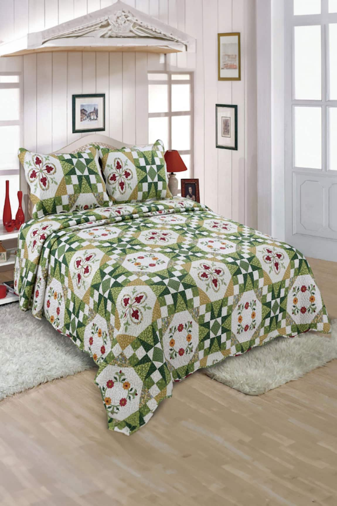 Quliting Tree Geometric Floral Print Quilt With Pillow Covers