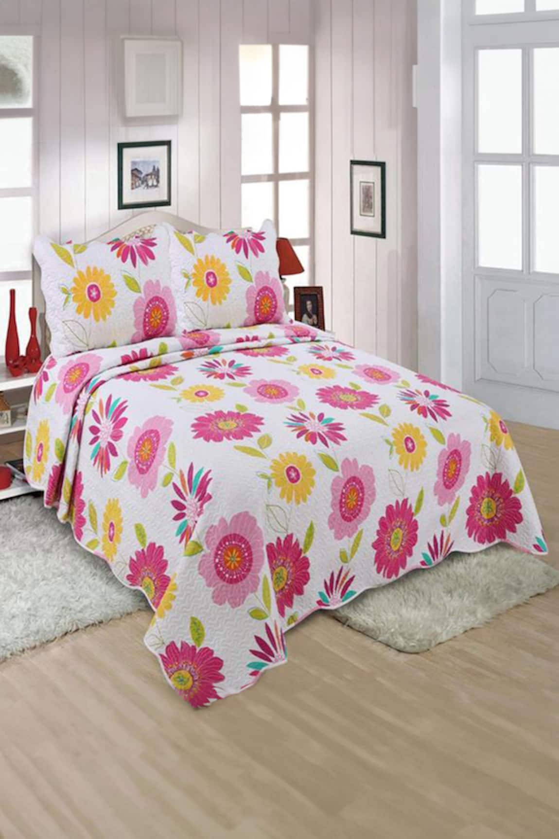Quliting Tree Flower Bud Print Quilt With Pillow Covers